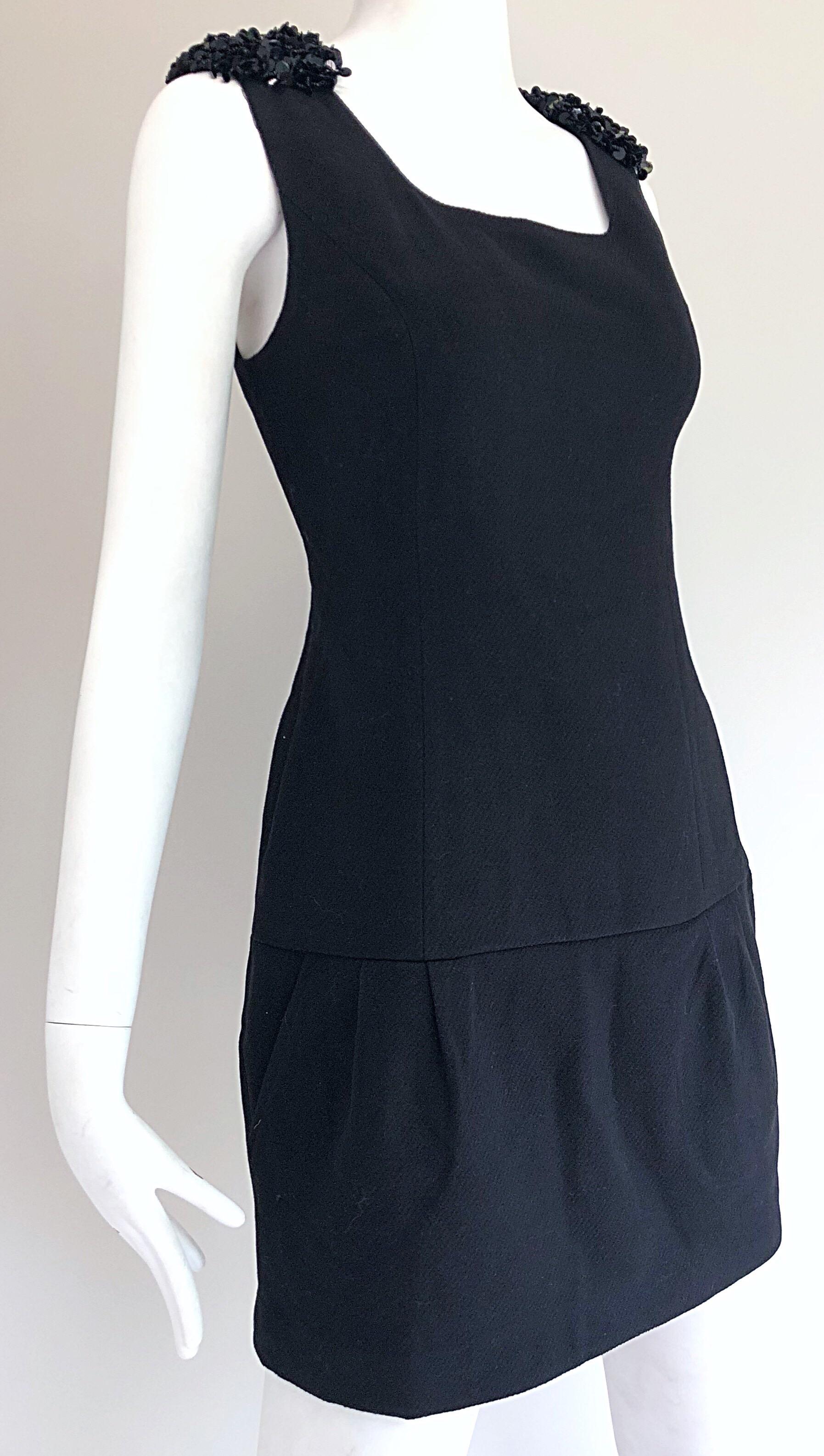 1990s Miu Miu Black Virgin Wool Sequin Beaded Vintage 90s Mini Dress In Excellent Condition For Sale In San Diego, CA