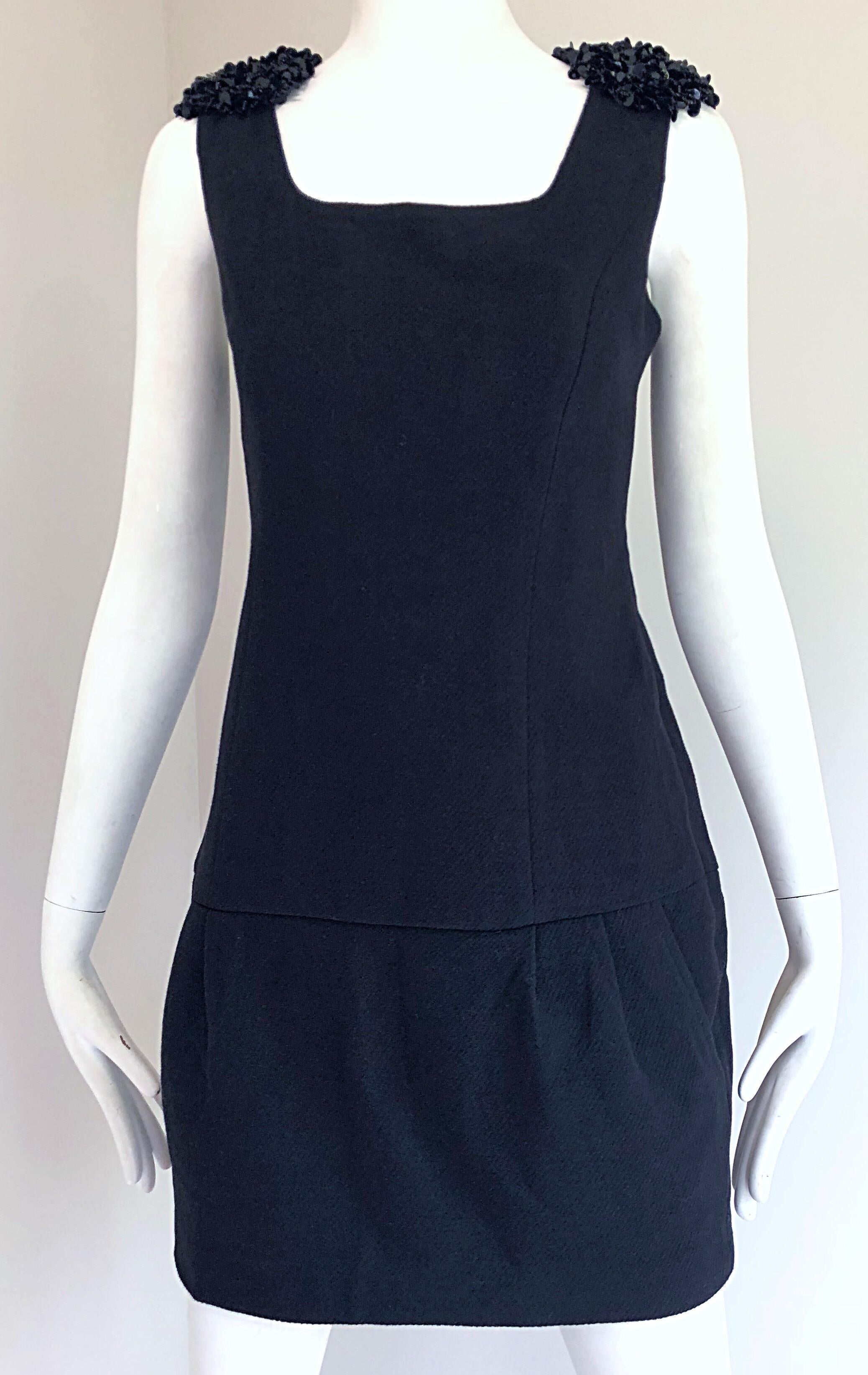 1990s Miu Miu Black Virgin Wool Sequin Beaded Vintage 90s Mini Dress For Sale 4