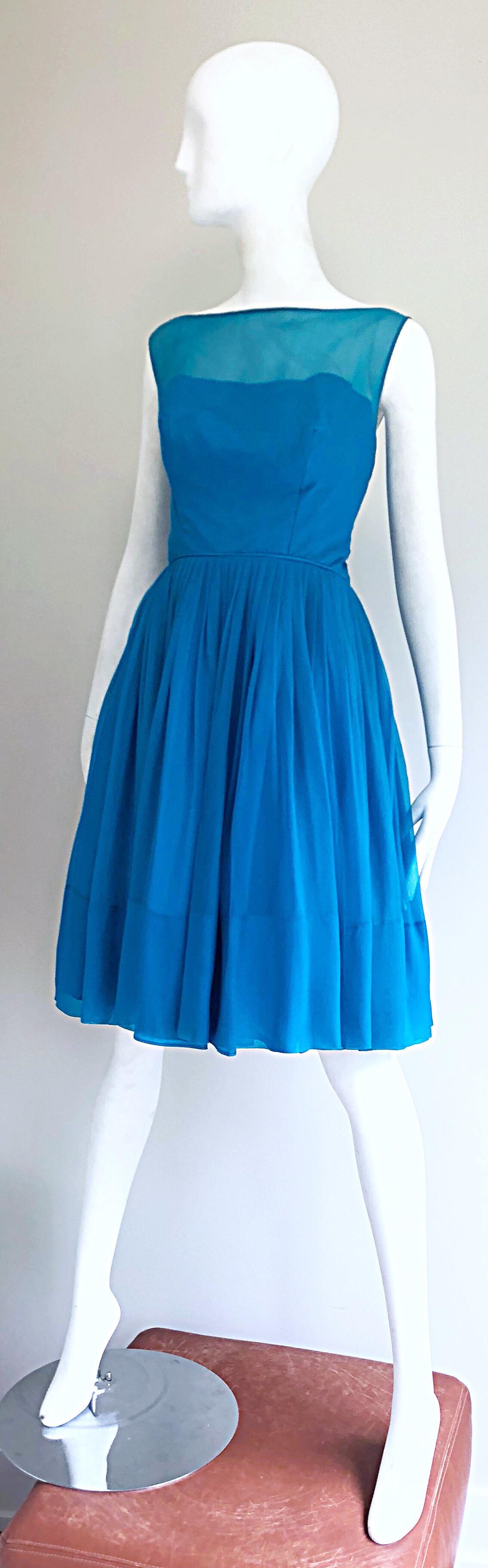 1950s Turquoise Blue Silk Chiffon Nude Illusion Fit n' Flare Vintage 50s Dress In Excellent Condition In San Diego, CA