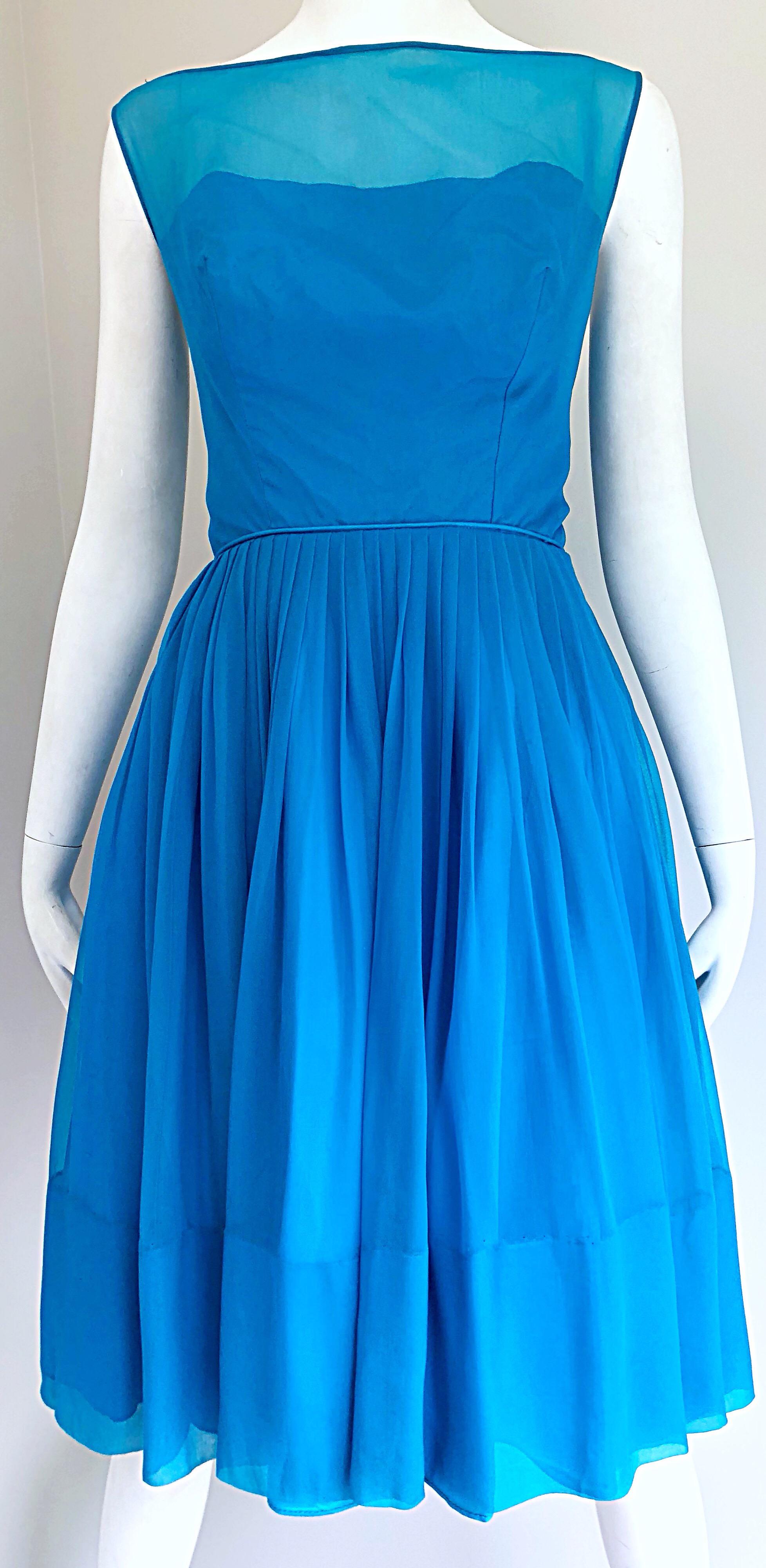 Women's 1950s Turquoise Blue Silk Chiffon Nude Illusion Fit n' Flare Vintage 50s Dress
