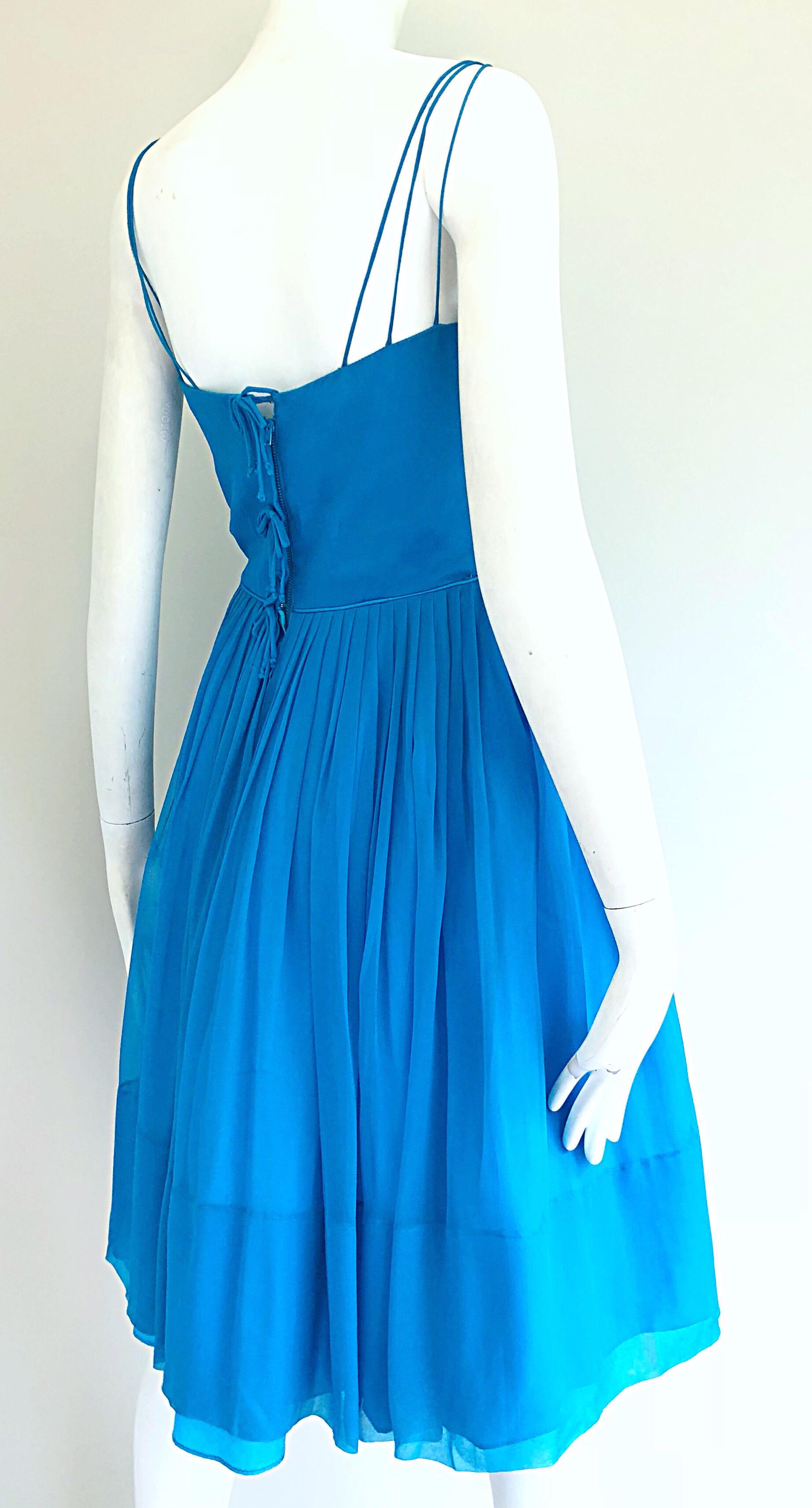 1950s Turquoise Blue Silk Chiffon Nude Illusion Fit n' Flare Vintage 50s Dress 1