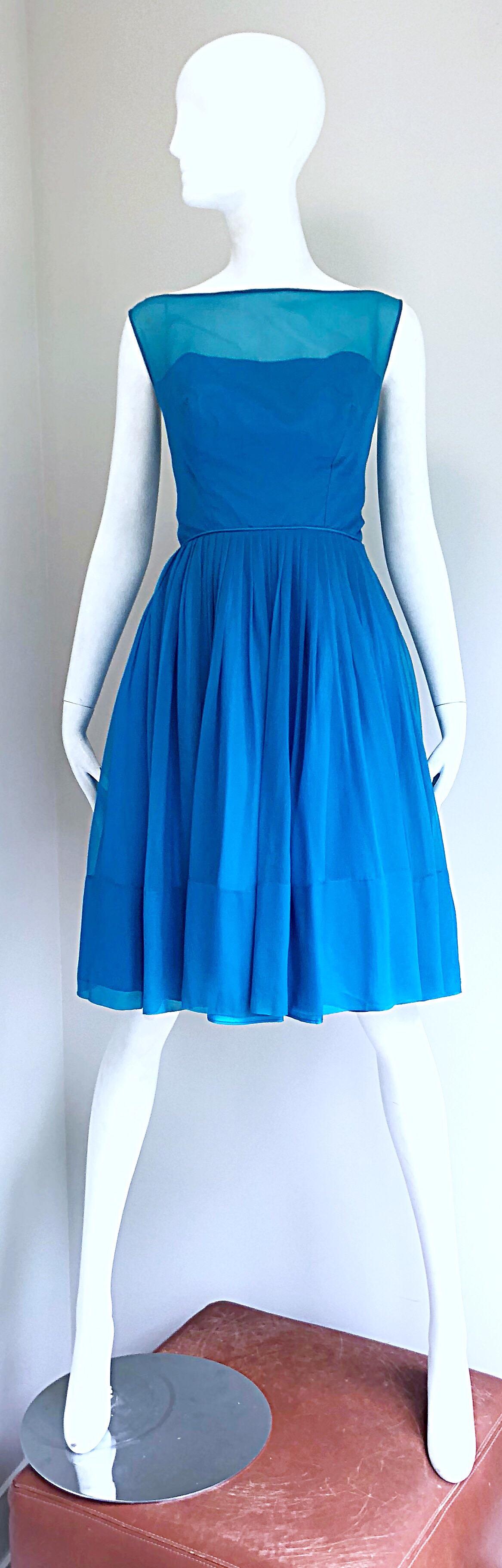 1950s Turquoise Blue Silk Chiffon Nude Illusion Fit n' Flare Vintage 50s Dress 2