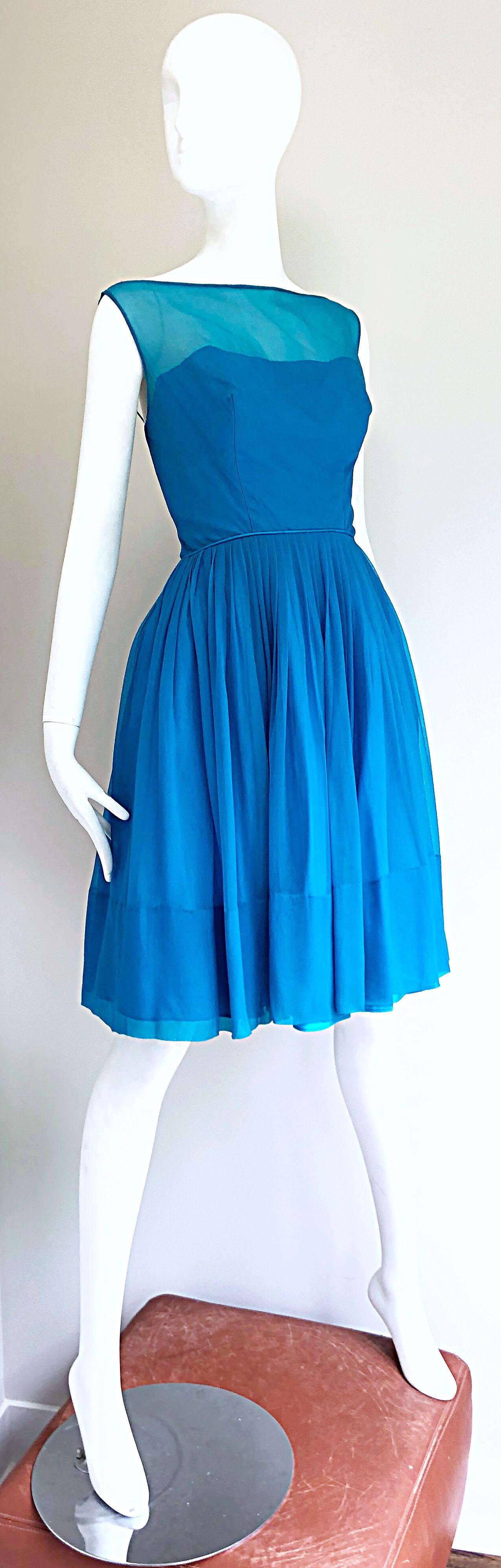1950s Turquoise Blue Silk Chiffon Nude Illusion Fit n' Flare Vintage 50s Dress 3