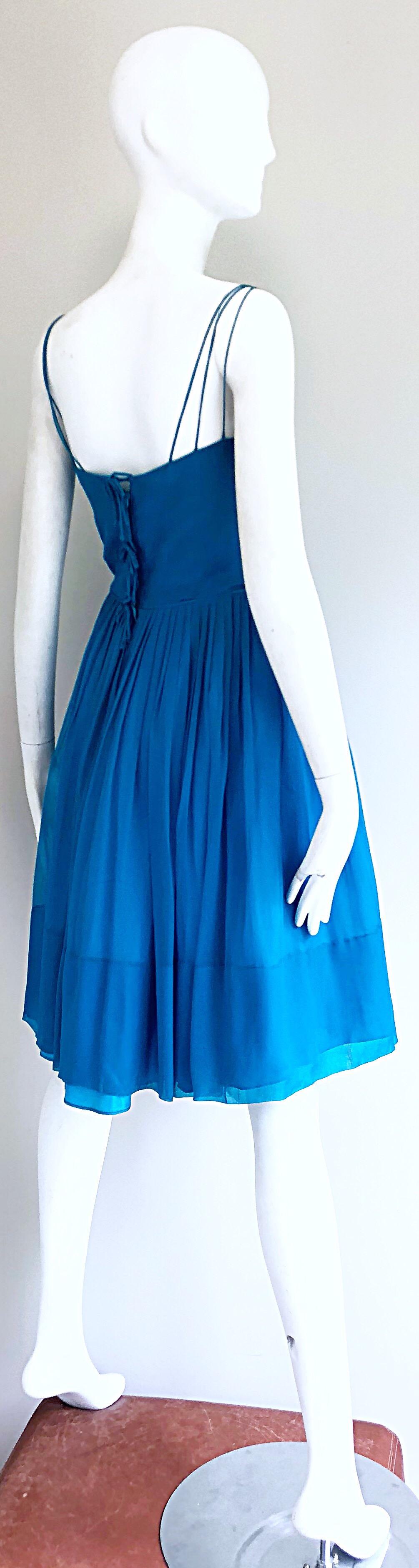 1950s Turquoise Blue Silk Chiffon Nude Illusion Fit n' Flare Vintage 50s Dress 4