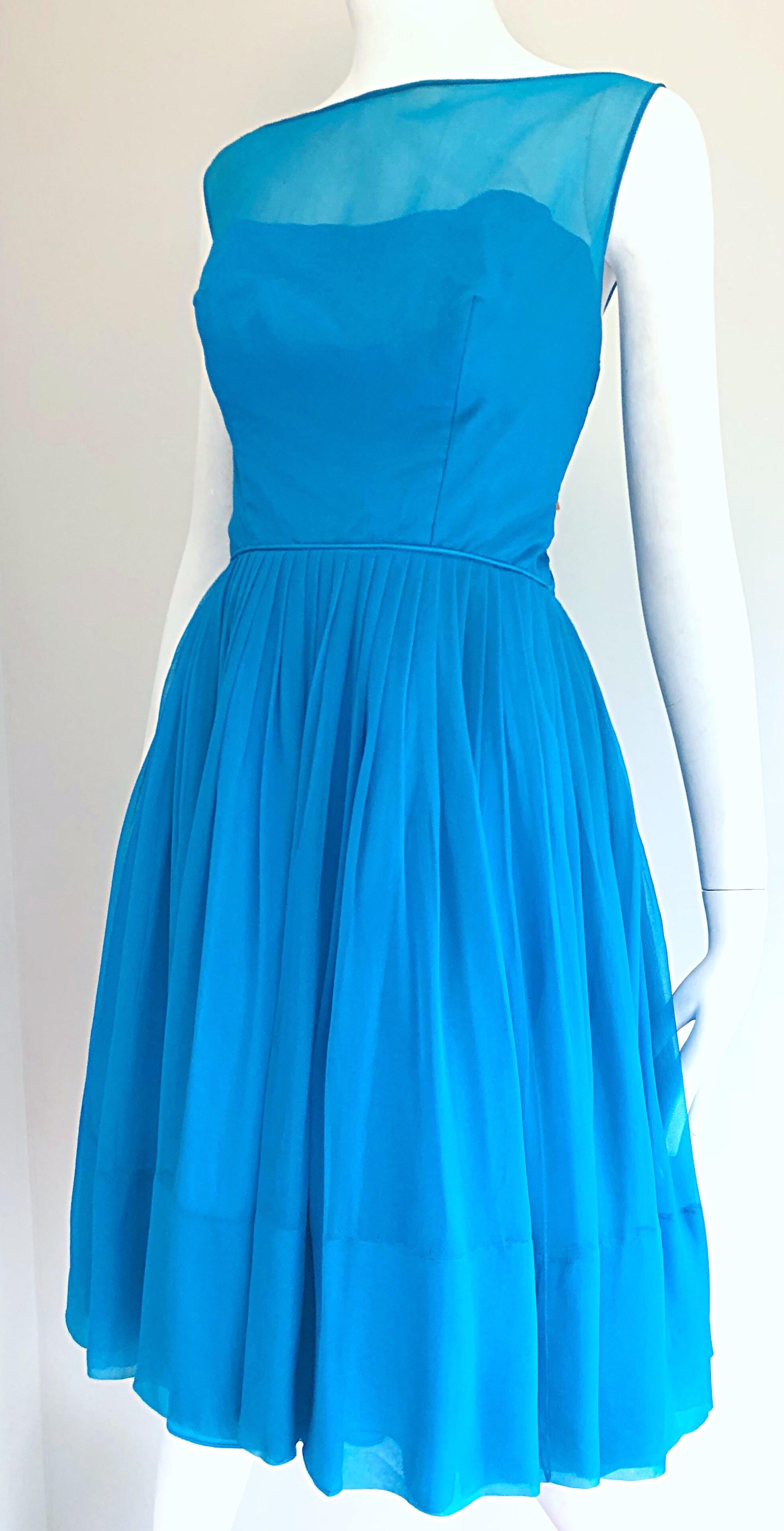 1950s Turquoise Blue Silk Chiffon Nude Illusion Fit n' Flare Vintage 50s Dress 5