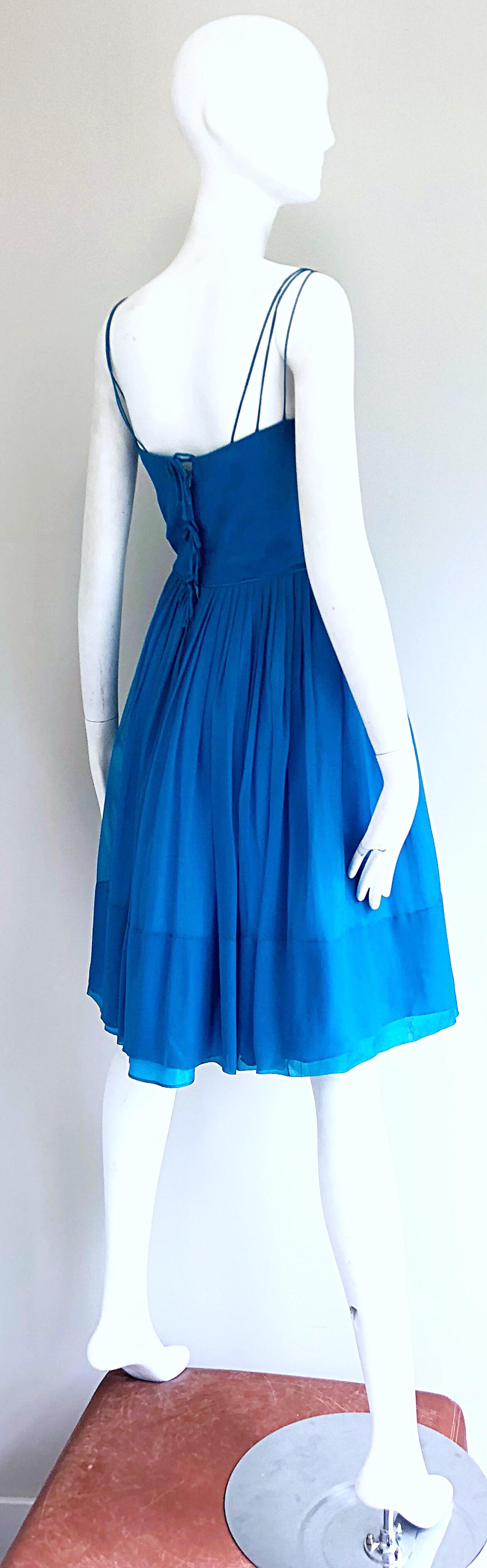1950s Turquoise Blue Silk Chiffon Nude Illusion Fit n' Flare Vintage 50s Dress 6