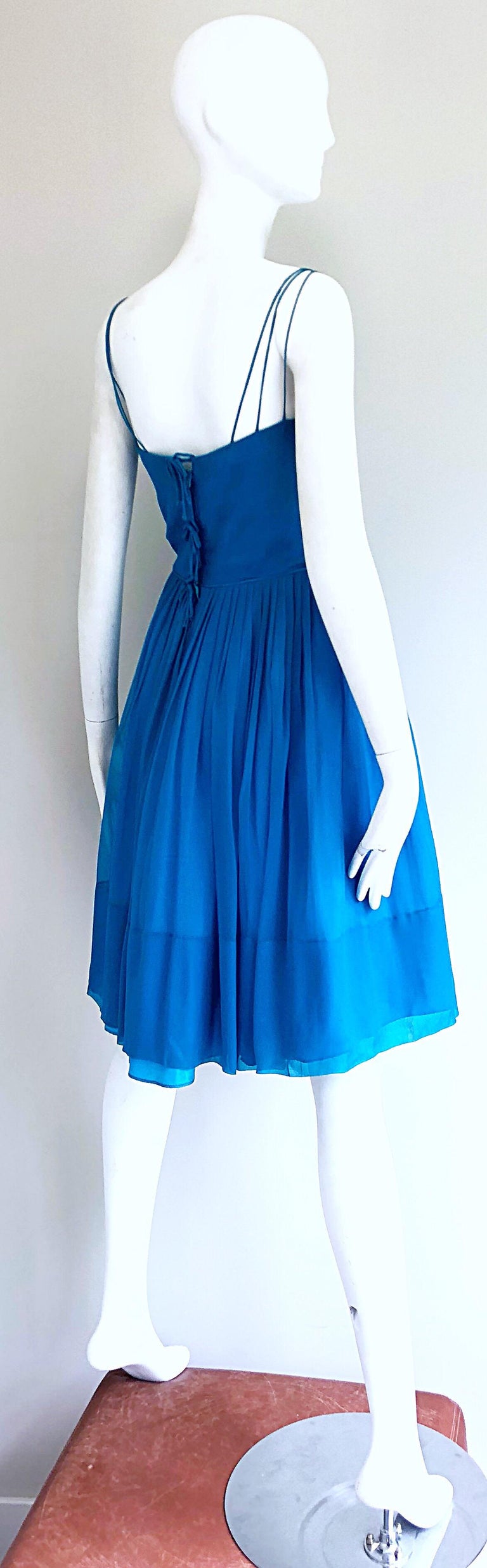 1950s Turquoise Blue Silk Chiffon Nude Illusion Fit n' Flare Vintage ...
