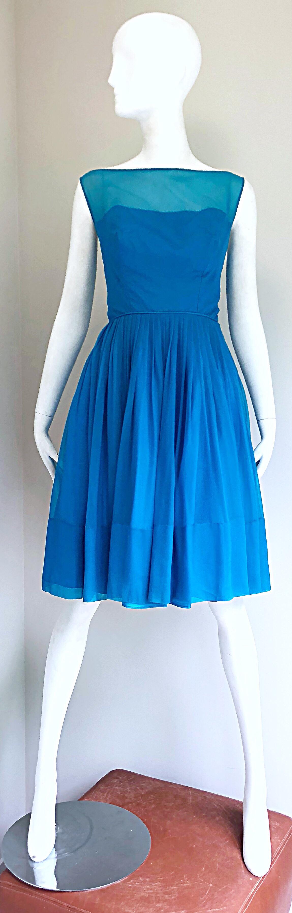 1950s Turquoise Blue Silk Chiffon Nude Illusion Fit n' Flare Vintage 50s Dress 7