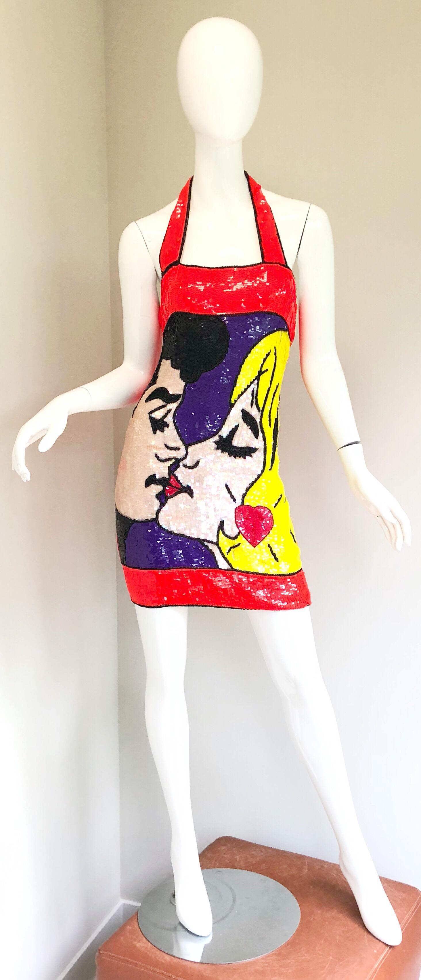 Amazing and super rare late 80s PHILIPPE ALBERT fully sequined and beaded pop-art silk halter mini dress! Features a Lichtenstein - esque print with a blonde female kissing her dark haired prince. Flattering bodycon fit. Neon orange sequins on the