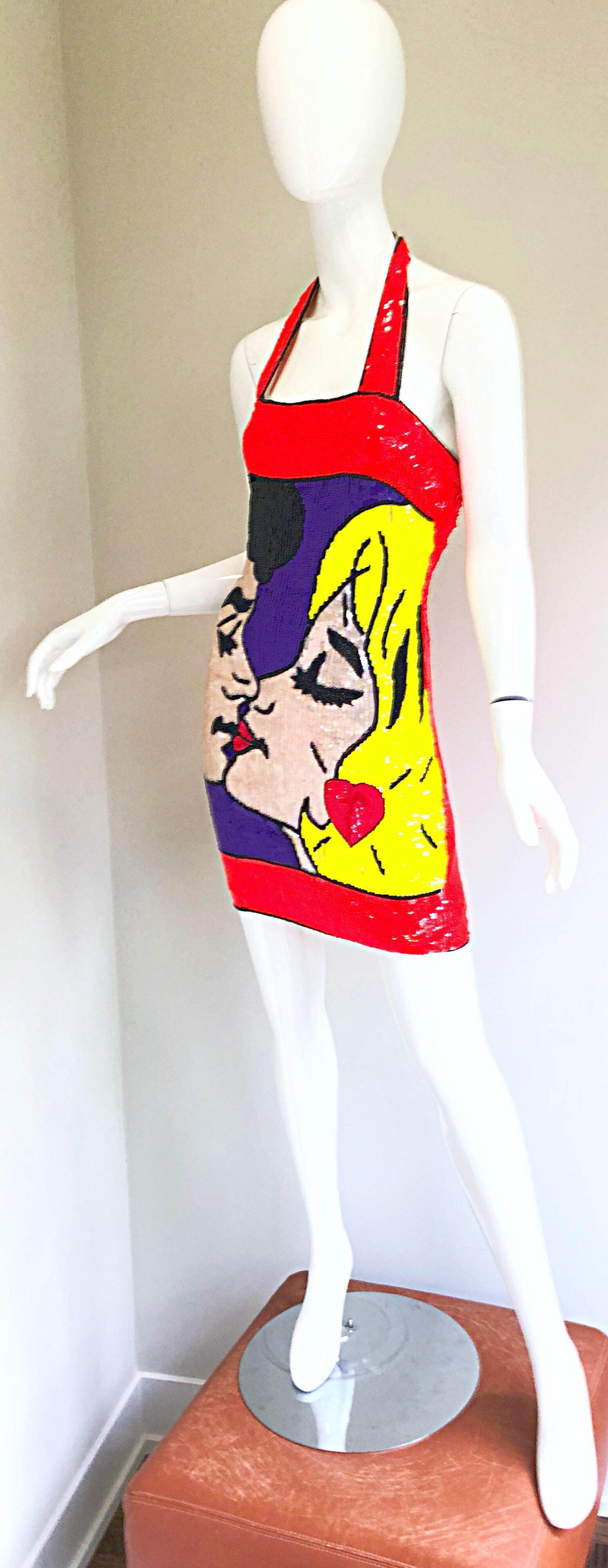 Robe vintage Philippe Albert Pop Art Lichtenstein à perles et sequins (années 1990) Excellent état - En vente à San Diego, CA