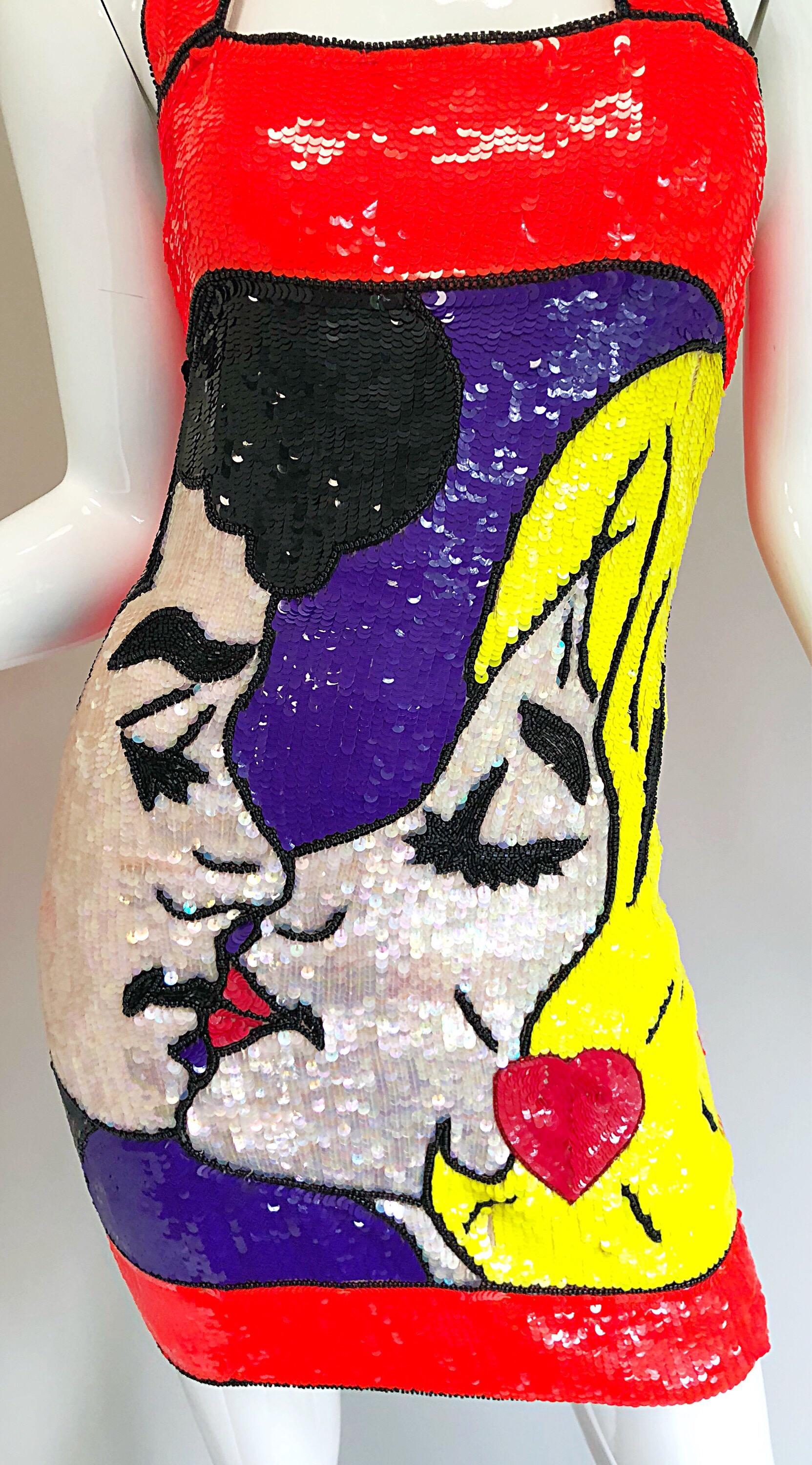 1990er Philippe Albert Pop Art Lichtenstein Vintage 90er Jahre Kleid mit Pailletten und Perlen Damen im Angebot