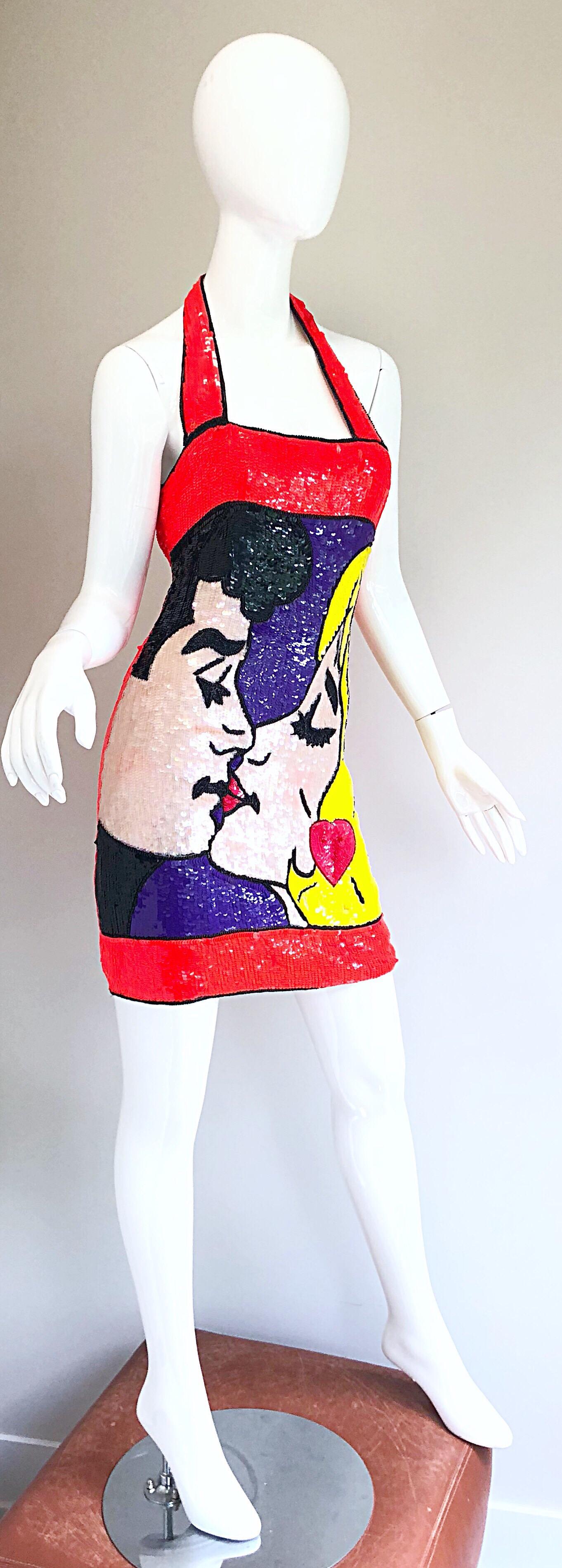 1980s Philippe Albert Pop Art Lichtenstein Sequined Beaded Vintage 80s Dress In Excellent Condition For Sale In San Diego, CA