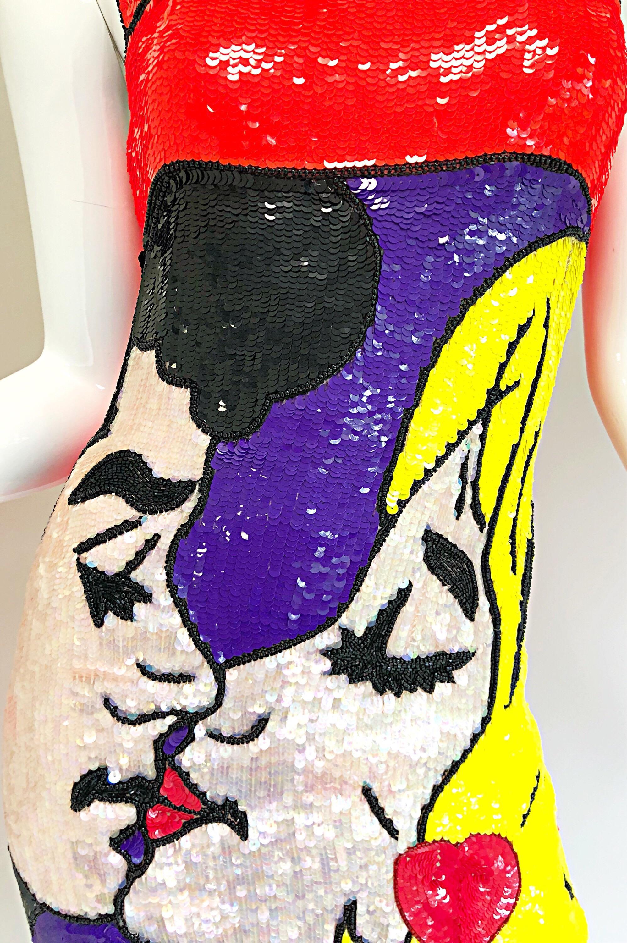 1990er Philippe Albert Pop Art Lichtenstein Vintage 90er Jahre Kleid mit Pailletten und Perlen im Angebot 3