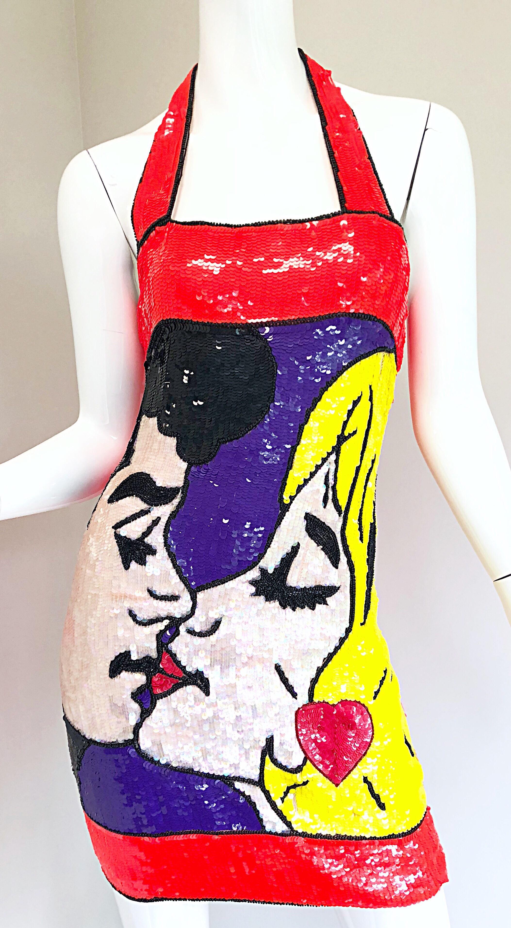 1980s Philippe Albert Pop Art Lichtenstein Sequined Beaded Vintage 80s Dress For Sale 2