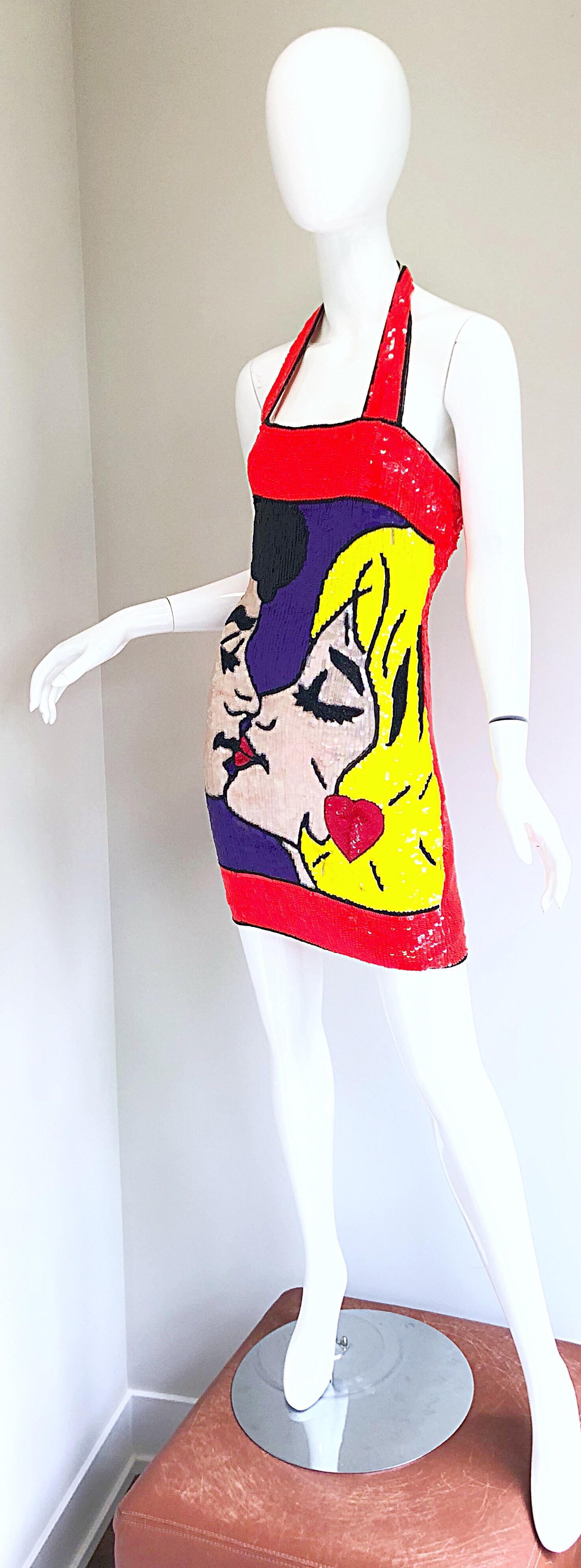 1990er Philippe Albert Pop Art Lichtenstein Vintage 90er Jahre Kleid mit Pailletten und Perlen im Angebot 6