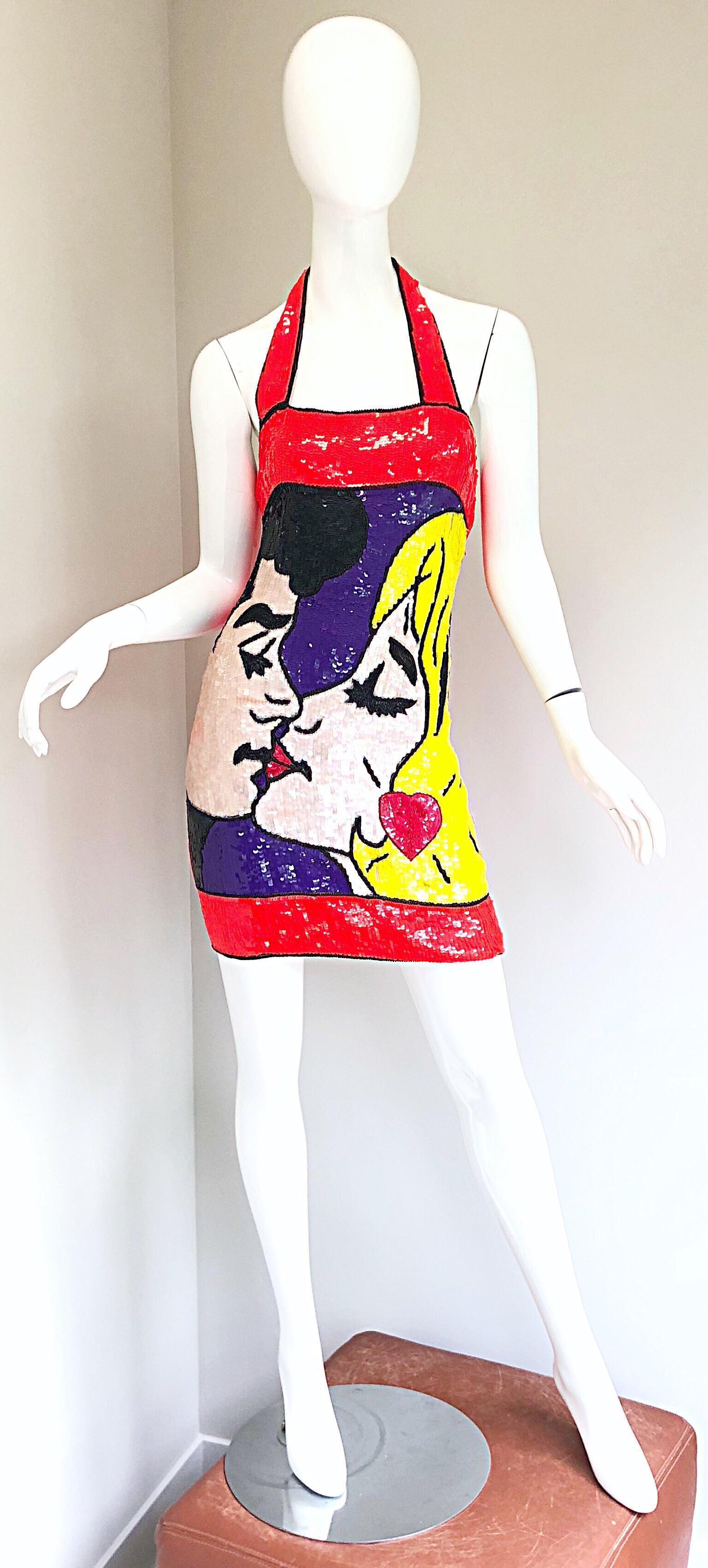 1990er Philippe Albert Pop Art Lichtenstein Vintage 90er Jahre Kleid mit Pailletten und Perlen im Angebot 8