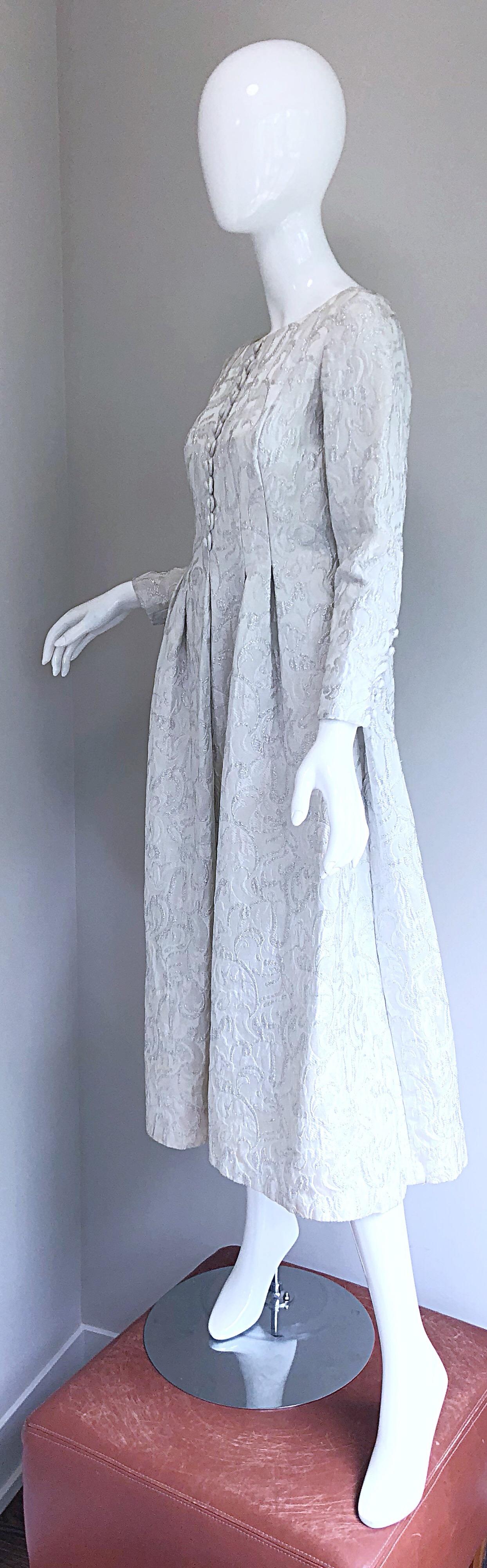 Gray Ceil Chapman 1960s White + Silver Silk Brocade Vintage 60s Midi Dress Gown  For Sale