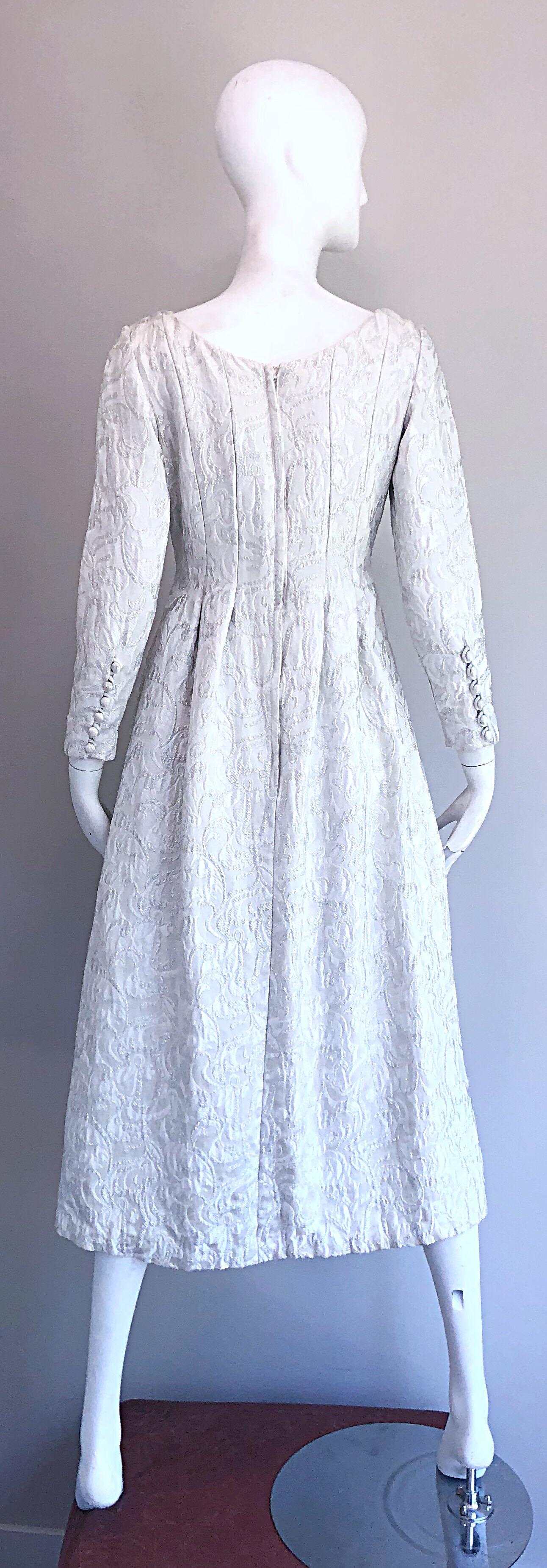 Ceil Chapman 1960s White + Silver Silk Brocade Vintage 60s Midi Dress Gown  In Excellent Condition For Sale In San Diego, CA