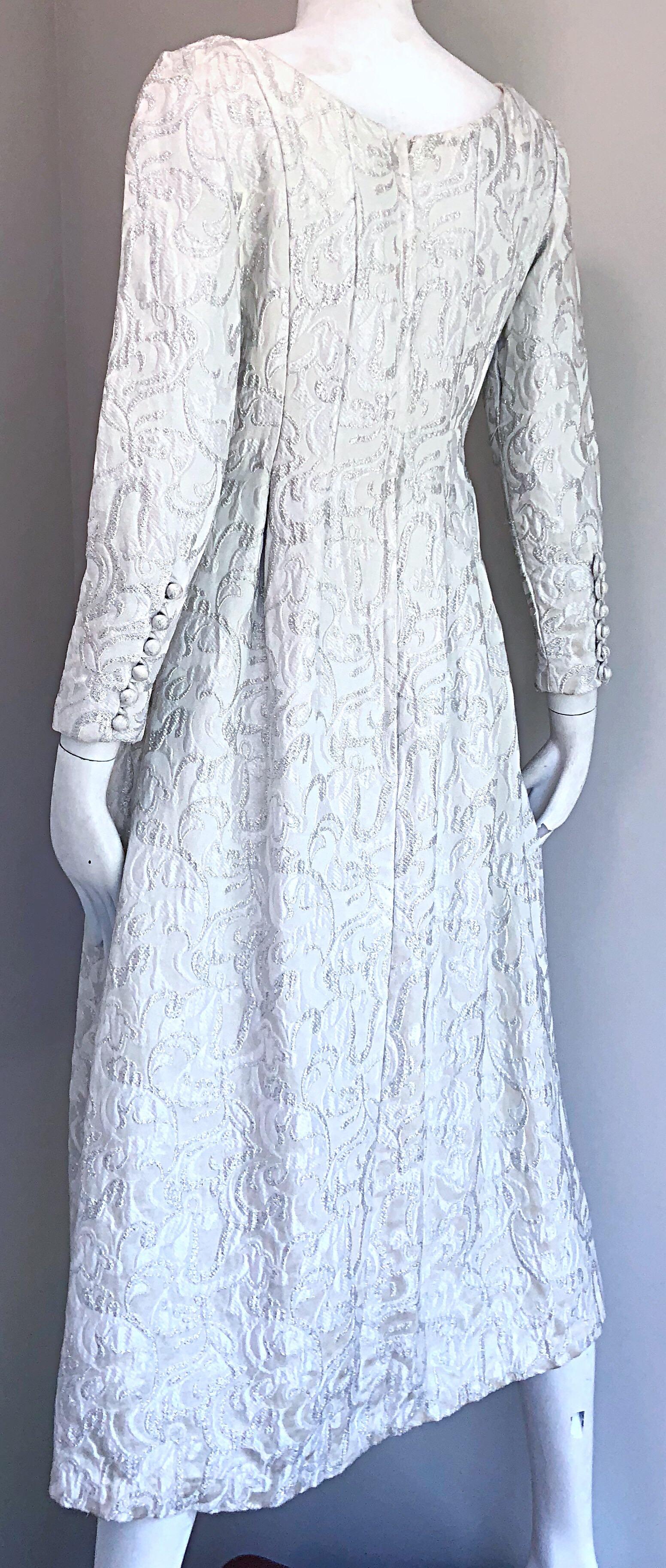 Ceil Chapman 1960s White + Silver Silk Brocade Vintage 60s Midi Dress Gown  For Sale 1