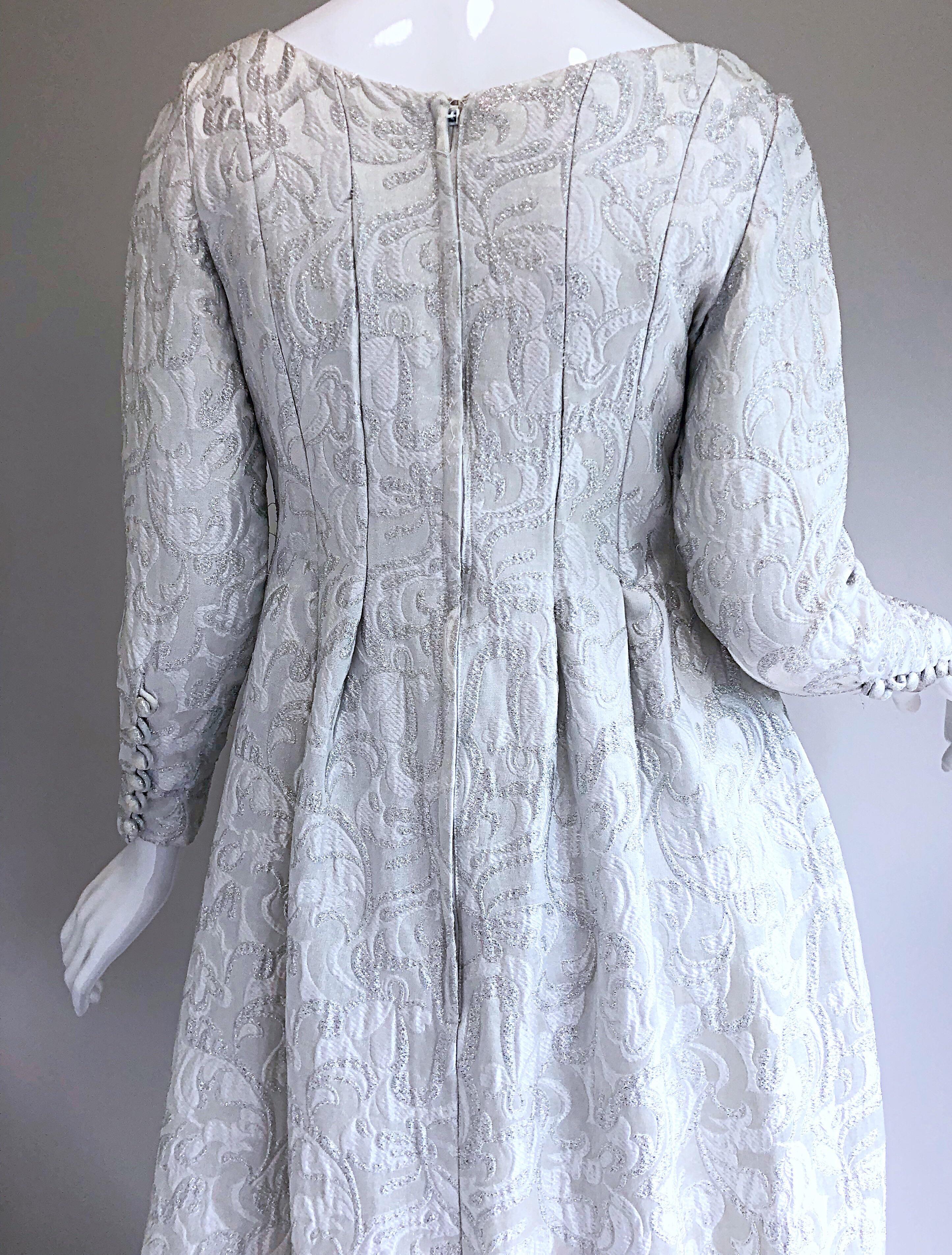 Ceil Chapman 1960s White + Silver Silk Brocade Vintage 60s Midi Dress Gown  For Sale 2