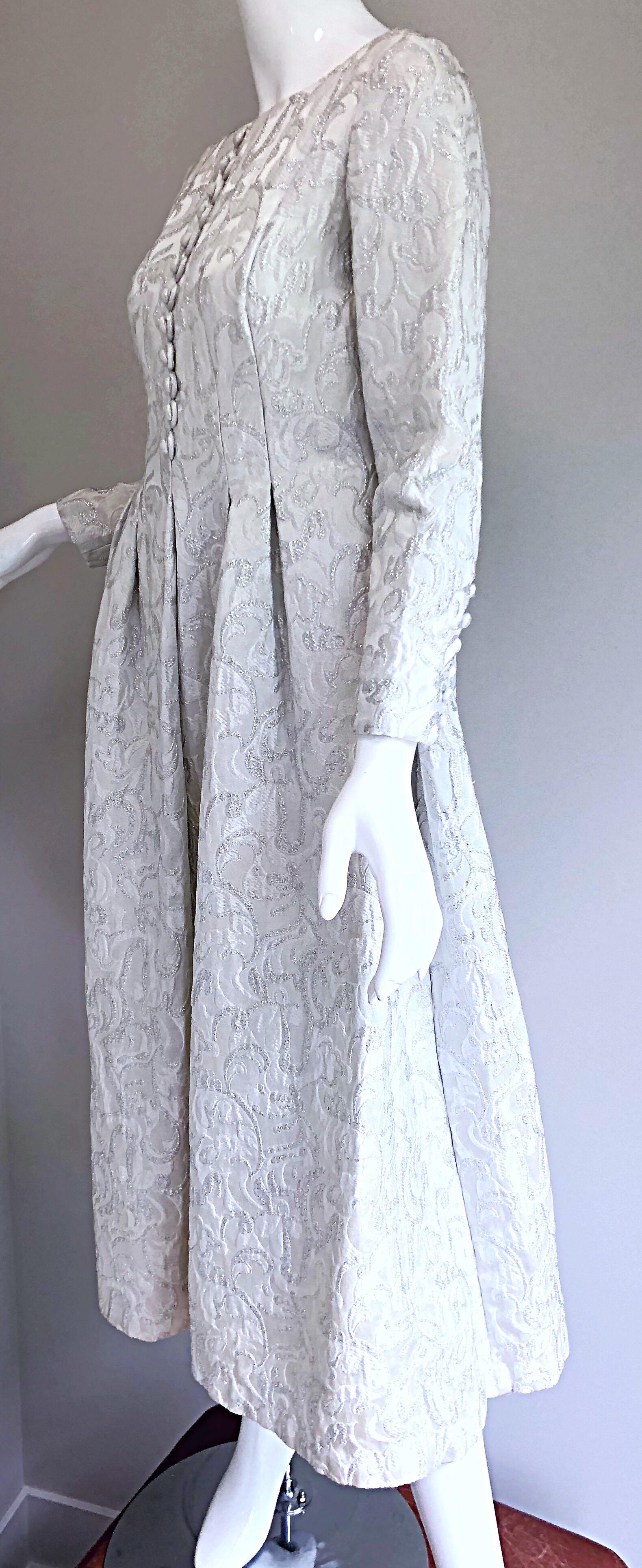 Ceil Chapman 1960s White + Silver Silk Brocade Vintage 60s Midi Dress Gown  For Sale 3