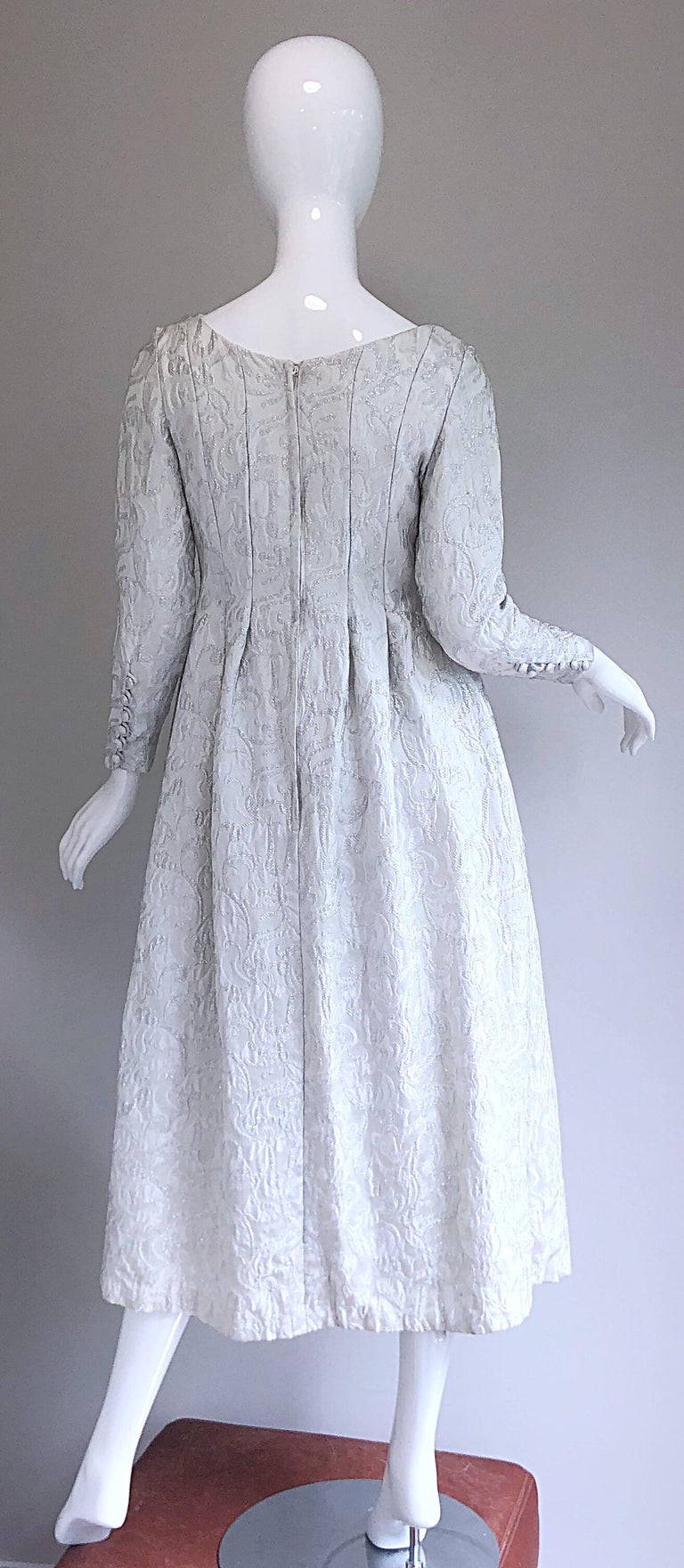 Ceil Chapman 1960s White + Silver Silk Brocade Vintage 60s Midi Dress Gown