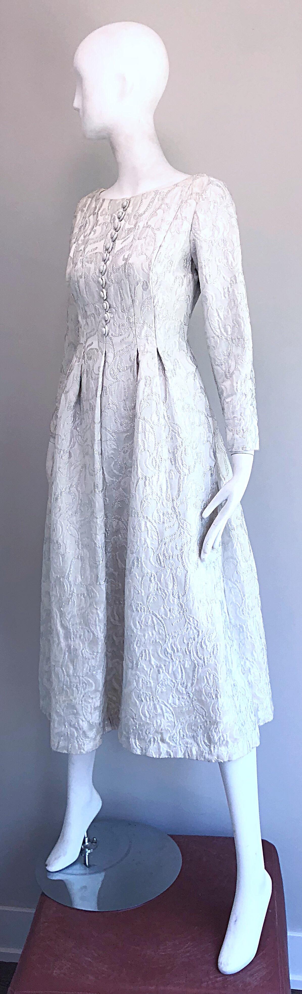 Ceil Chapman 1960s White + Silver Silk Brocade Vintage 60s Midi Dress Gown  For Sale 5