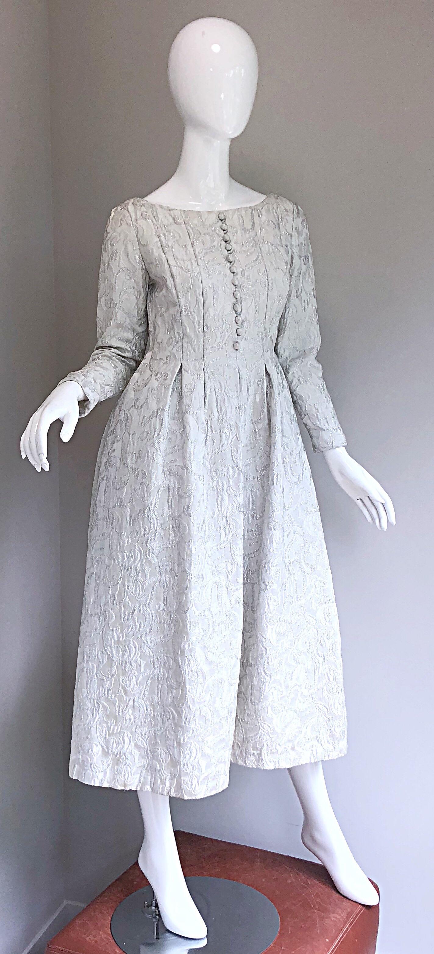 Ceil Chapman 1960s White + Silver Silk Brocade Vintage 60s Midi Dress Gown  For Sale 7