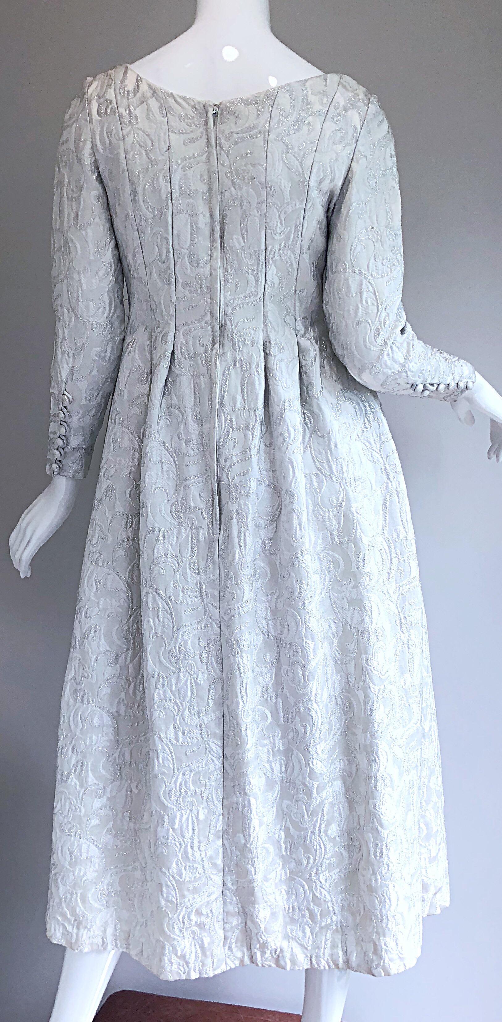 Ceil Chapman 1960s White + Silver Silk Brocade Vintage 60s Midi Dress Gown  For Sale 6