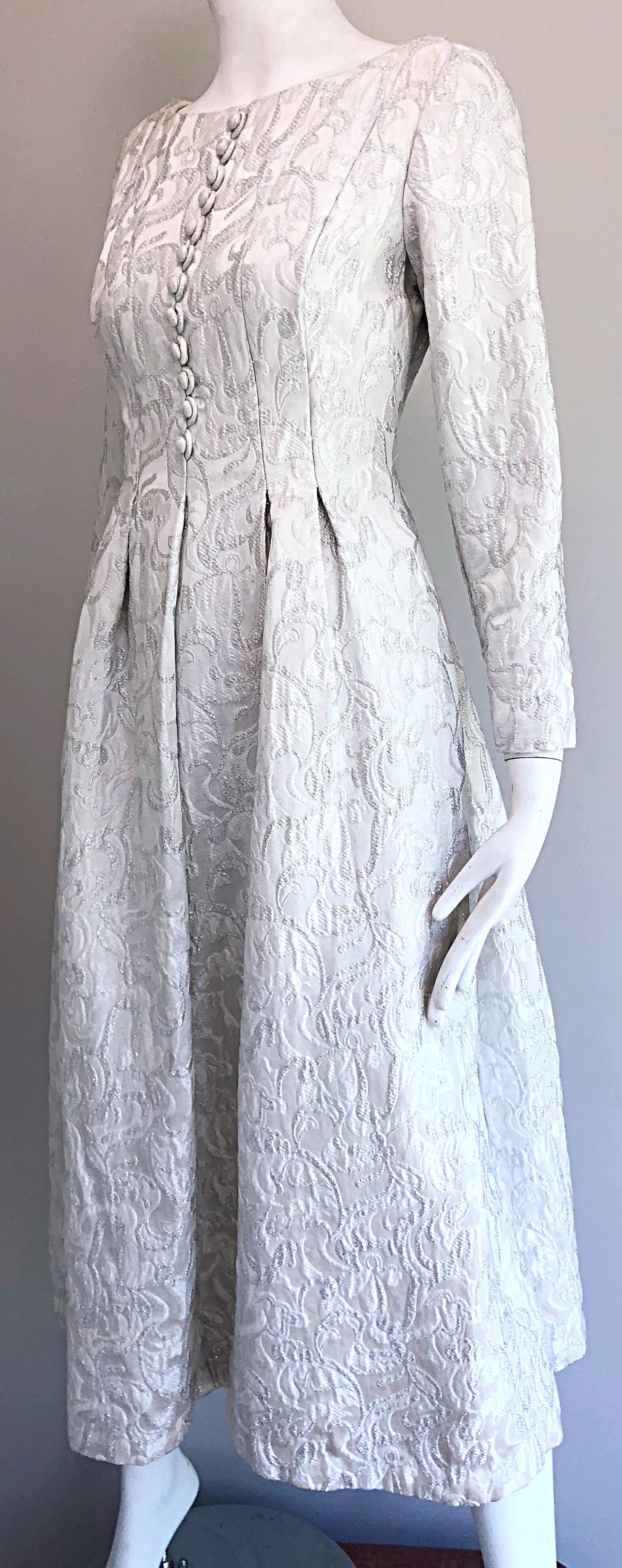Ceil Chapman 1960s White + Silver Silk Brocade Vintage 60s Midi Dress Gown  For Sale 8