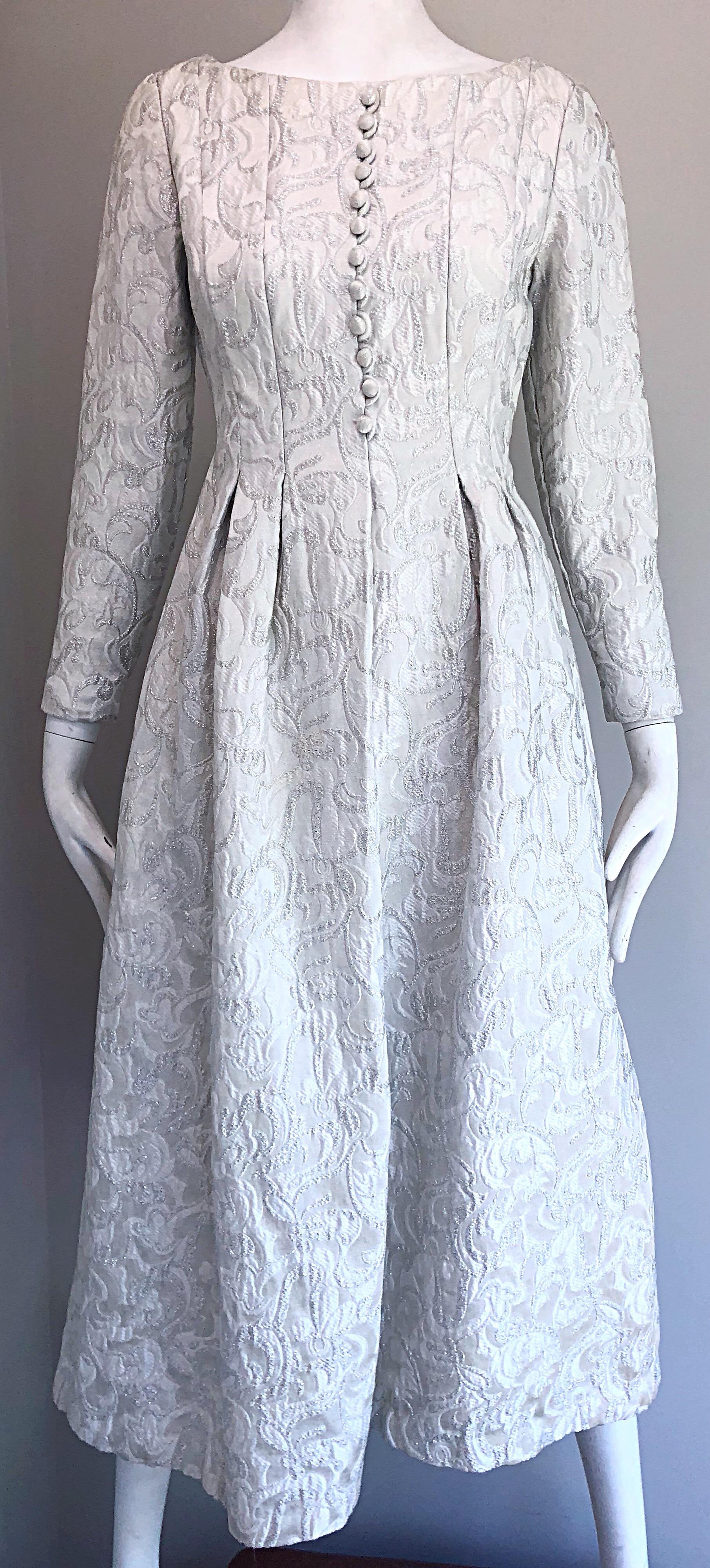 Ceil Chapman 1960s White + Silver Silk Brocade Vintage 60s Midi Dress Gown  For Sale 9