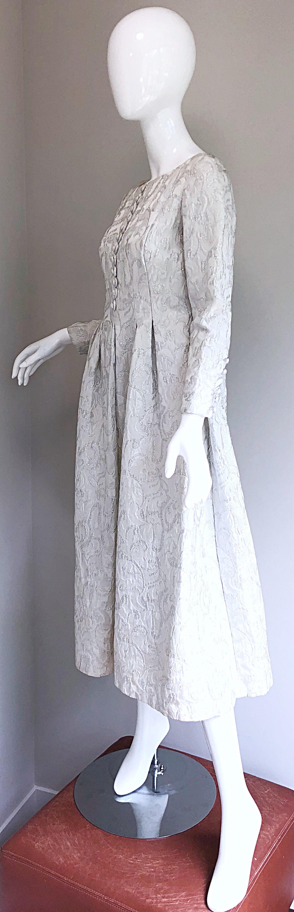 Ceil Chapman 1960s White + Silver Silk Brocade Vintage 60s Midi Dress Gown  For Sale 10