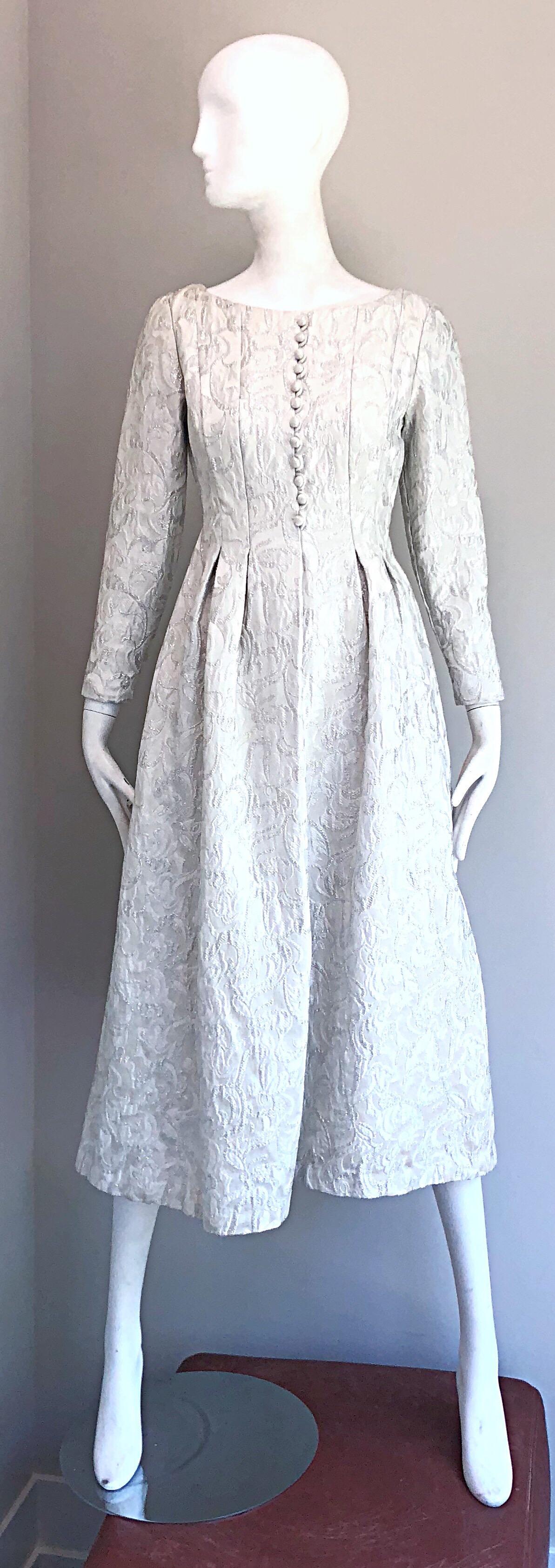 Ceil Chapman 1960s White + Silver Silk Brocade Vintage 60s Midi Dress Gown  For Sale 12