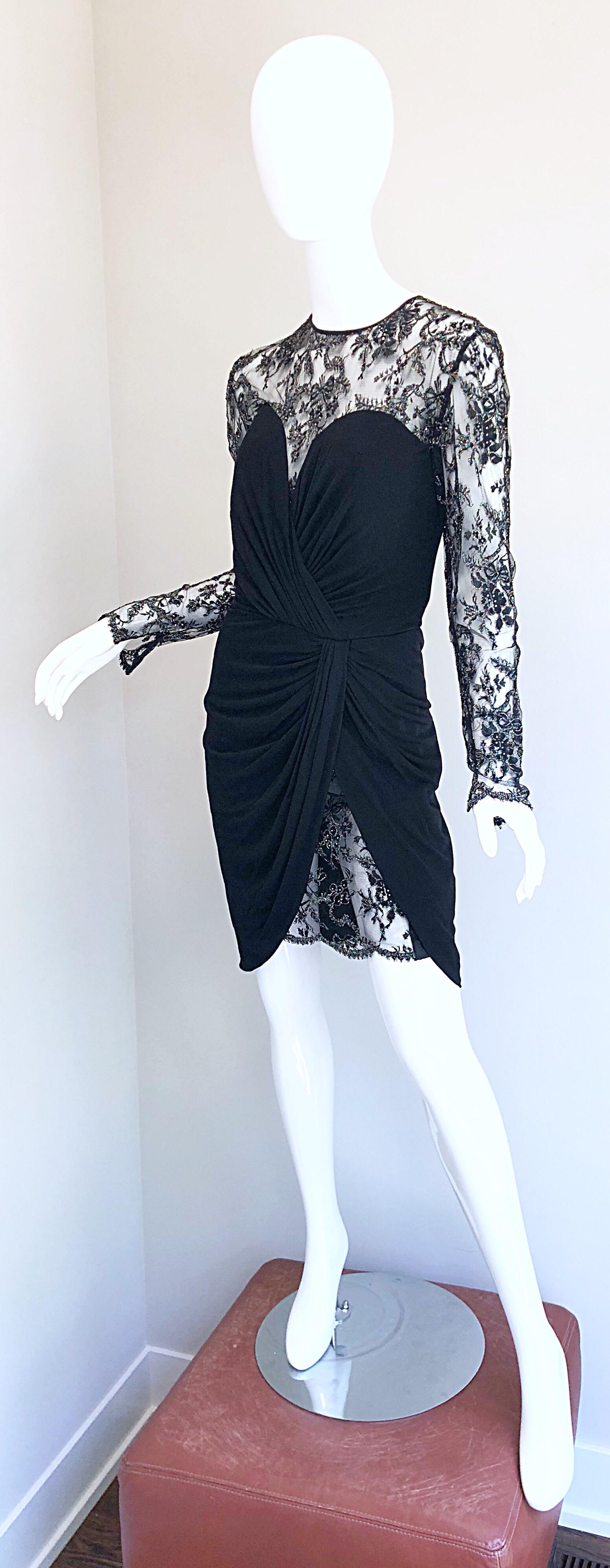 Women's Vintage Vicky Tiel Couture 1980s Black Silk Jersey + Lace Rhinestone Dress For Sale