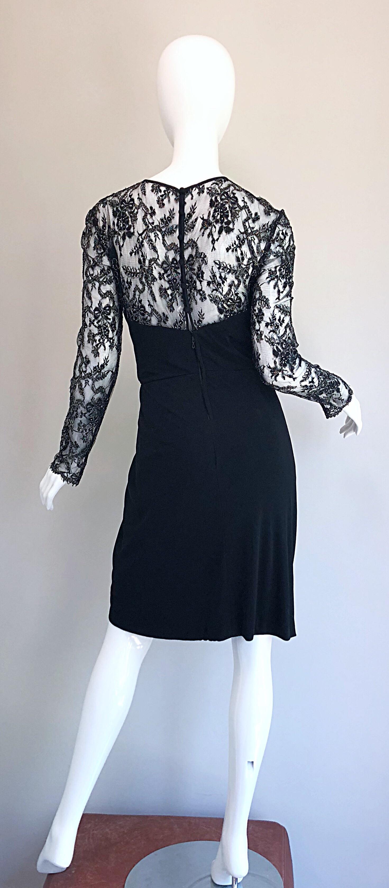 Vintage Vicky Tiel Couture 1980s Black Silk Jersey + Lace Rhinestone Dress For Sale 1