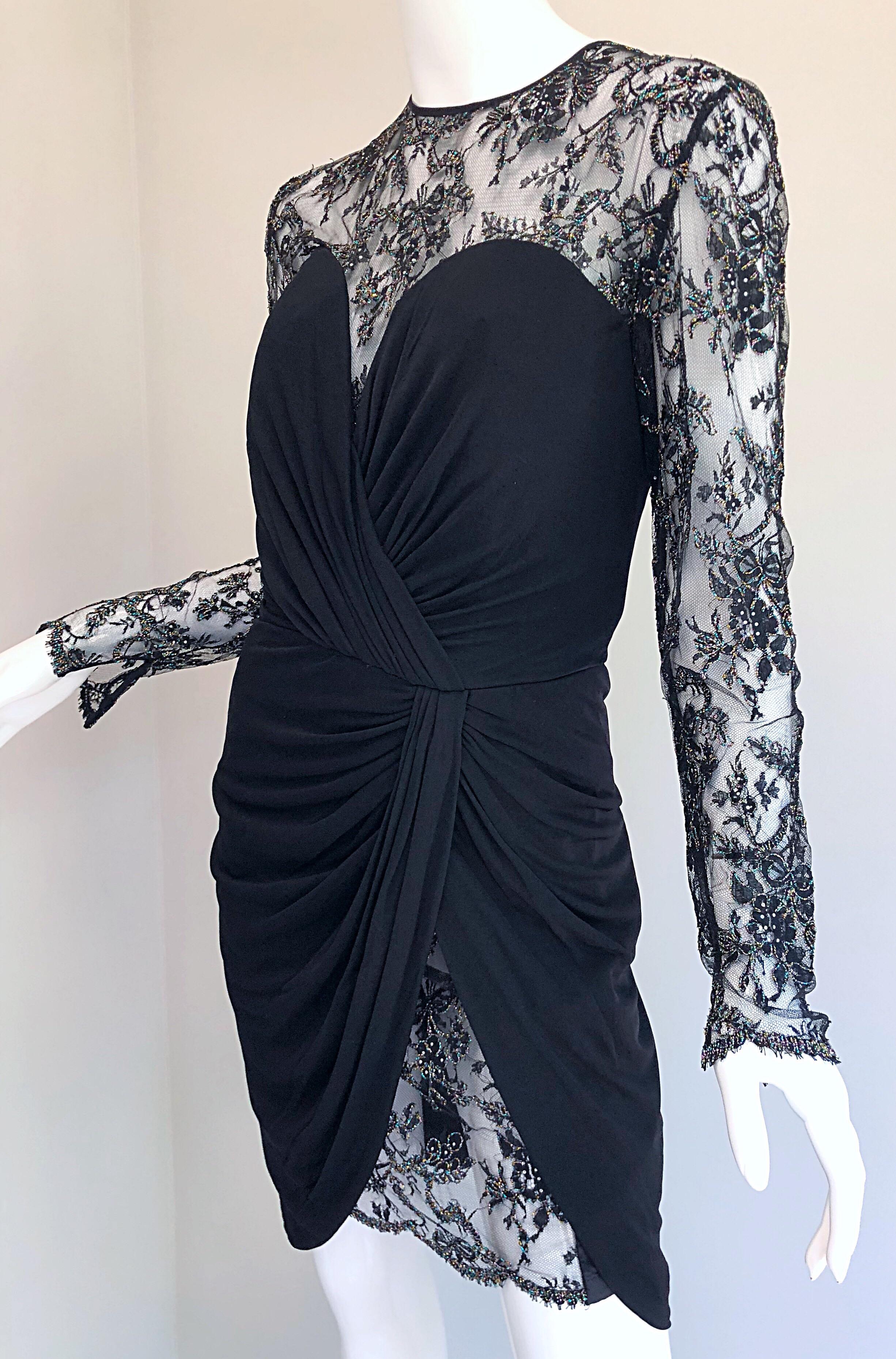 Vintage Vicky Tiel Couture 1980s Black Silk Jersey + Lace Rhinestone Dress For Sale 2