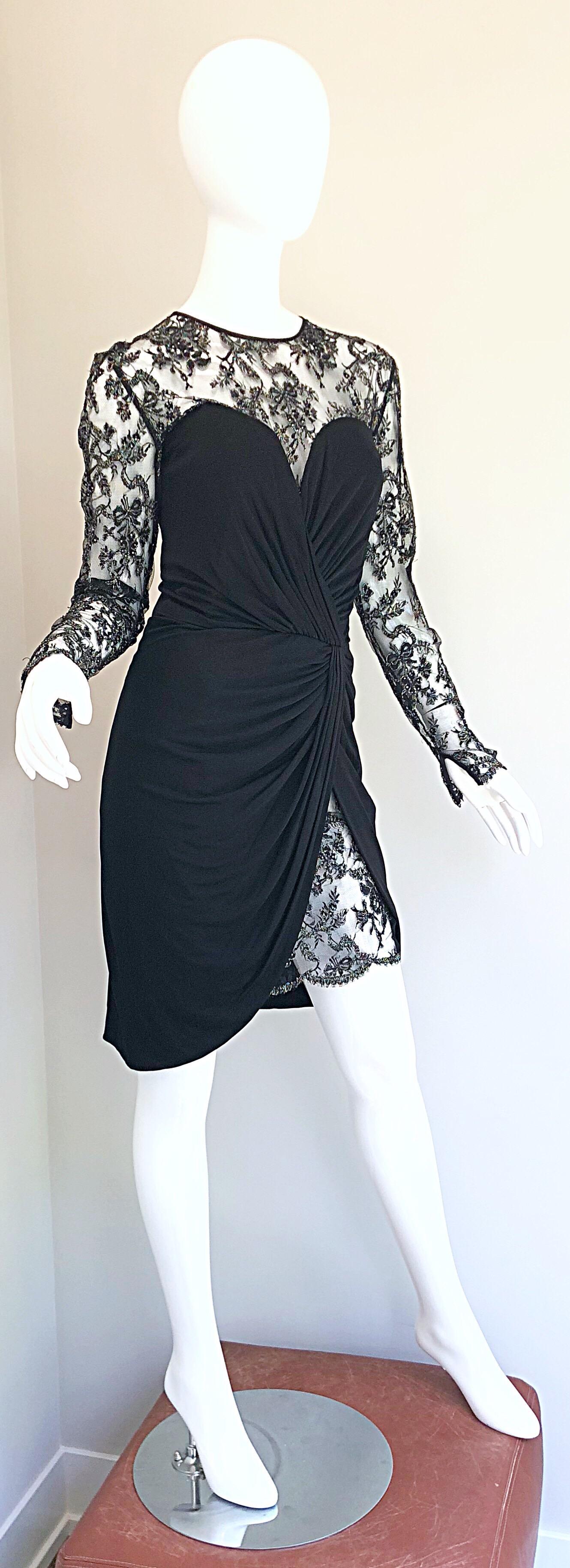 Vintage Vicky Tiel Couture 1980s Black Silk Jersey + Lace Rhinestone Dress For Sale 5