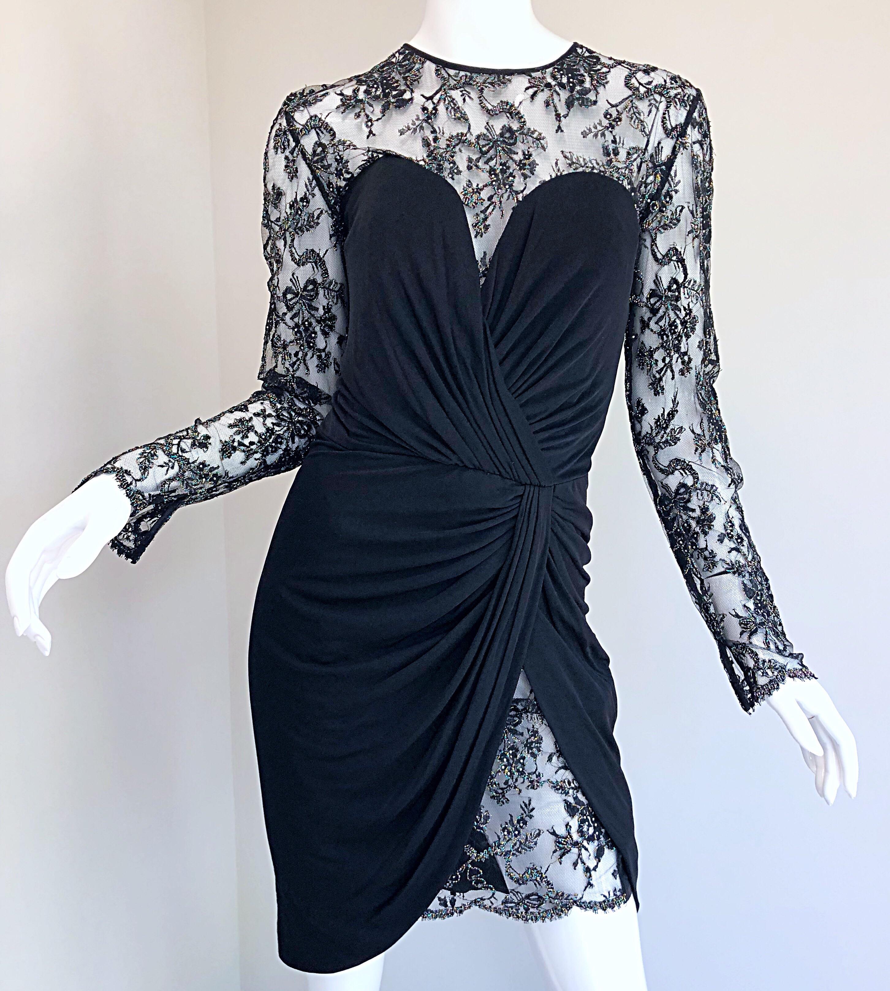 Vintage Vicky Tiel Couture 1980s Black Silk Jersey + Lace Rhinestone Dress For Sale 6