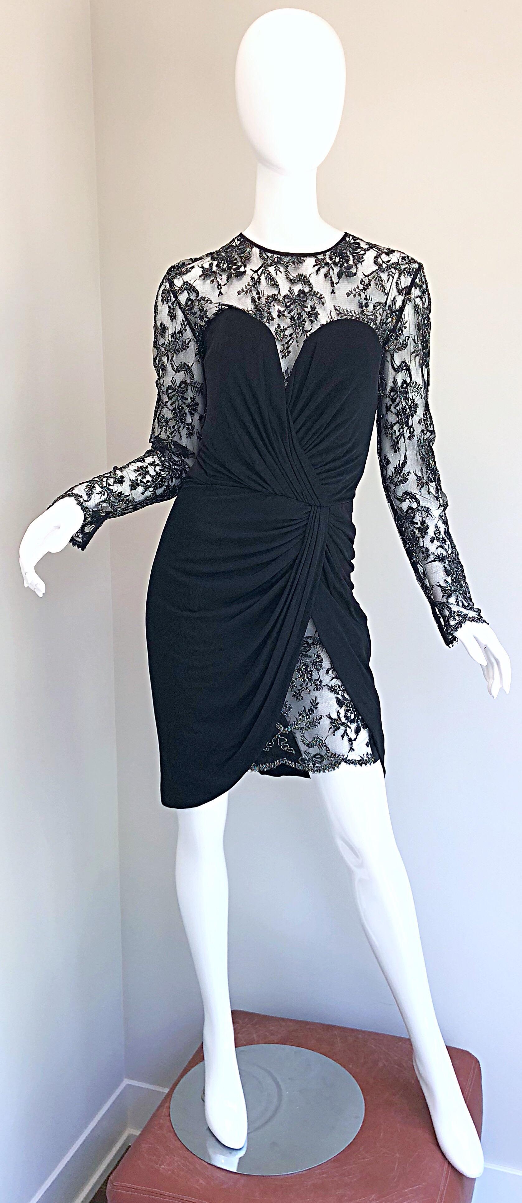 Vintage Vicky Tiel Couture 1980s Black Silk Jersey + Lace Rhinestone Dress For Sale 7