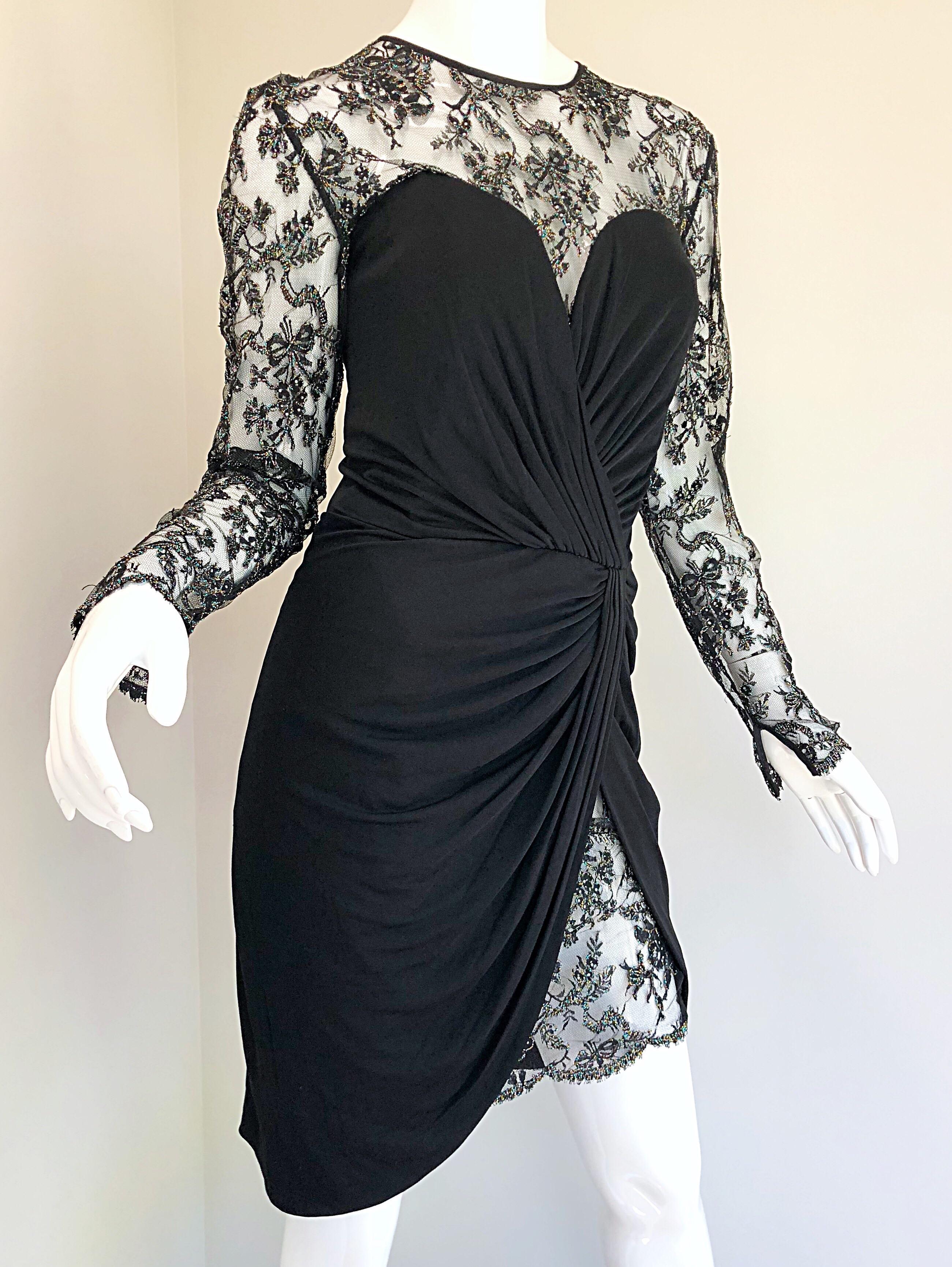 Vintage Vicky Tiel Couture 1980s Black Silk Jersey + Lace Rhinestone Dress For Sale 8