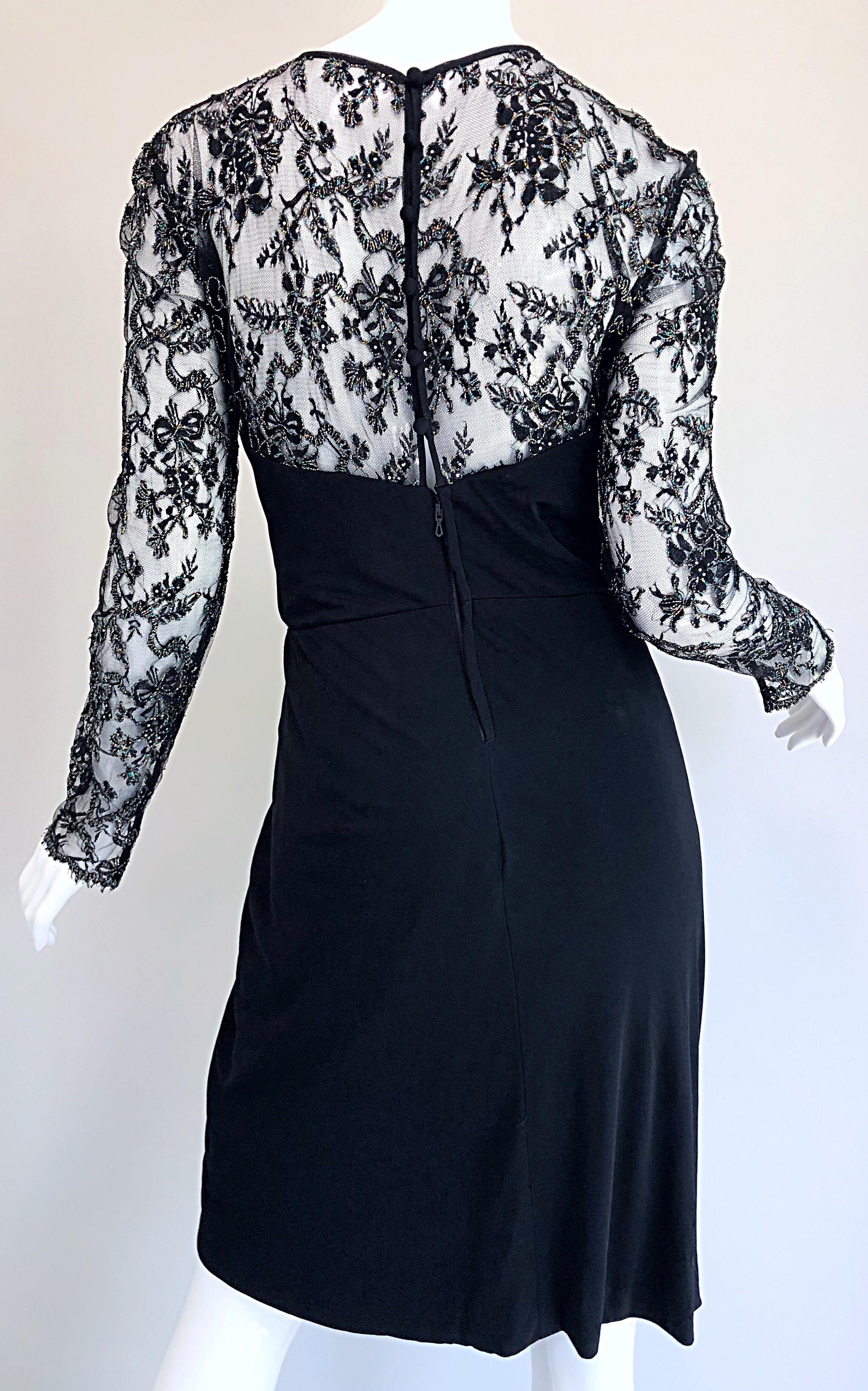 Vintage Vicky Tiel Couture 1980s Black Silk Jersey + Lace Rhinestone Dress For Sale 9