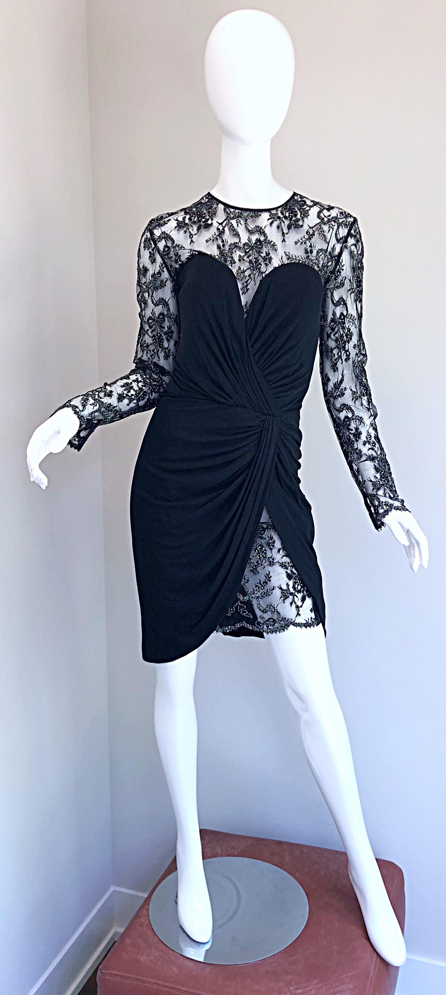 Vintage Vicky Tiel Couture 1980s Black Silk Jersey + Lace Rhinestone Dress For Sale 10