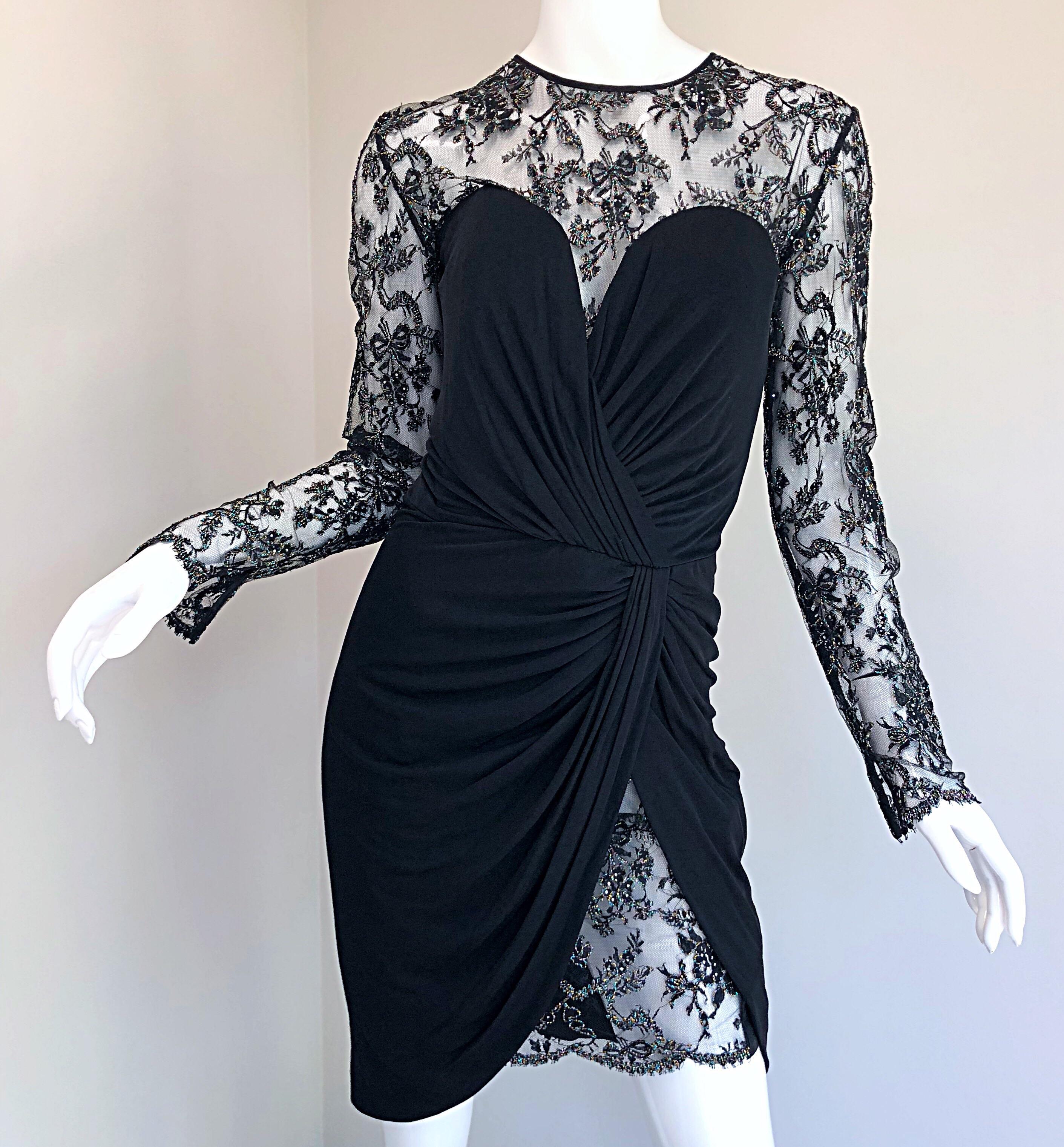 Vintage Vicky Tiel Couture 1980s Black Silk Jersey + Lace Rhinestone Dress For Sale 12