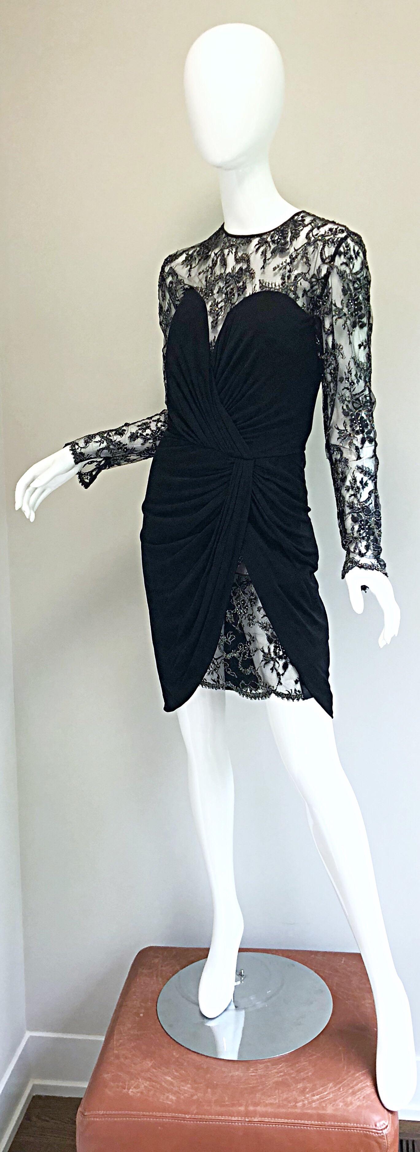 Vintage Vicky Tiel Couture 1980s Black Silk Jersey + Lace Rhinestone Dress For Sale 13
