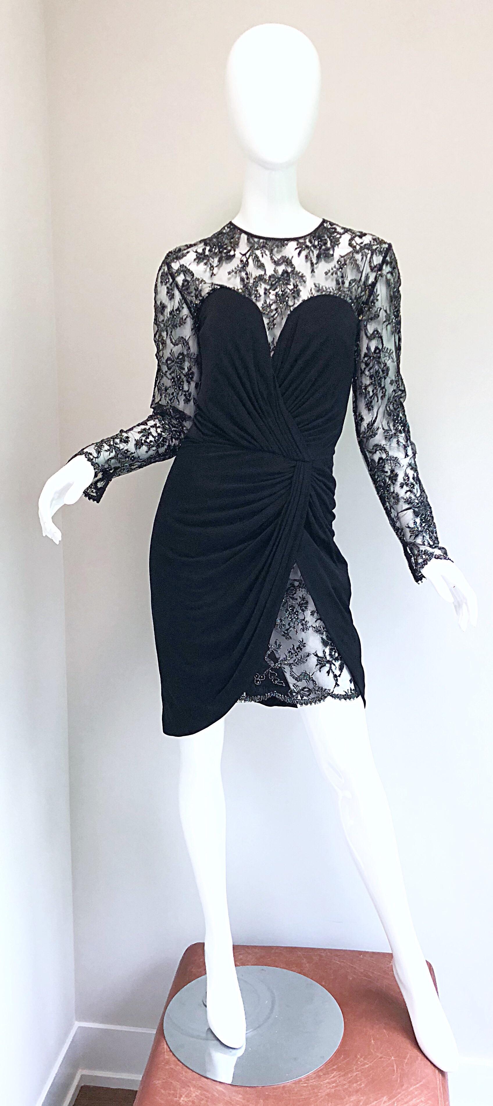 Vintage Vicky Tiel Couture 1980s Black Silk Jersey + Lace Rhinestone Dress For Sale 14