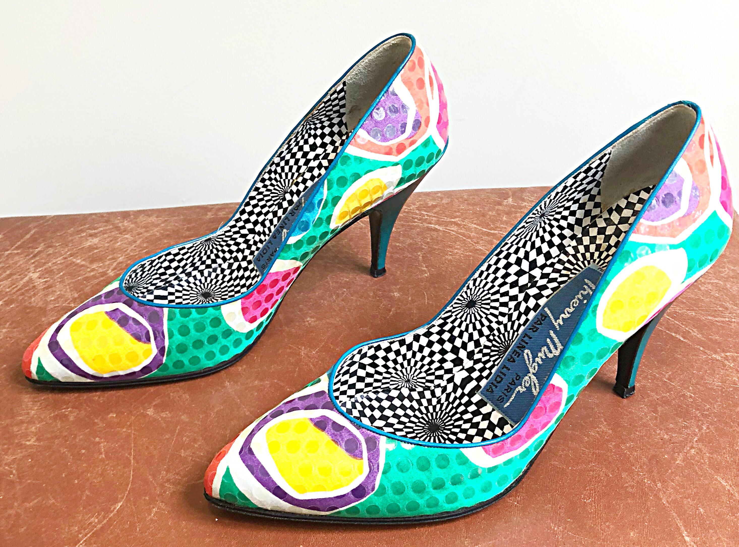 Rare beautiful vintage early 1990s / 90s THIERRY MUGLER colorful abstract sequined high heels! Features abstract geometric prints in Kelly green, turquoise blue, fuchsia pink, yellow, purple and white. Clear sequins throughout. Turquoise blue heel.