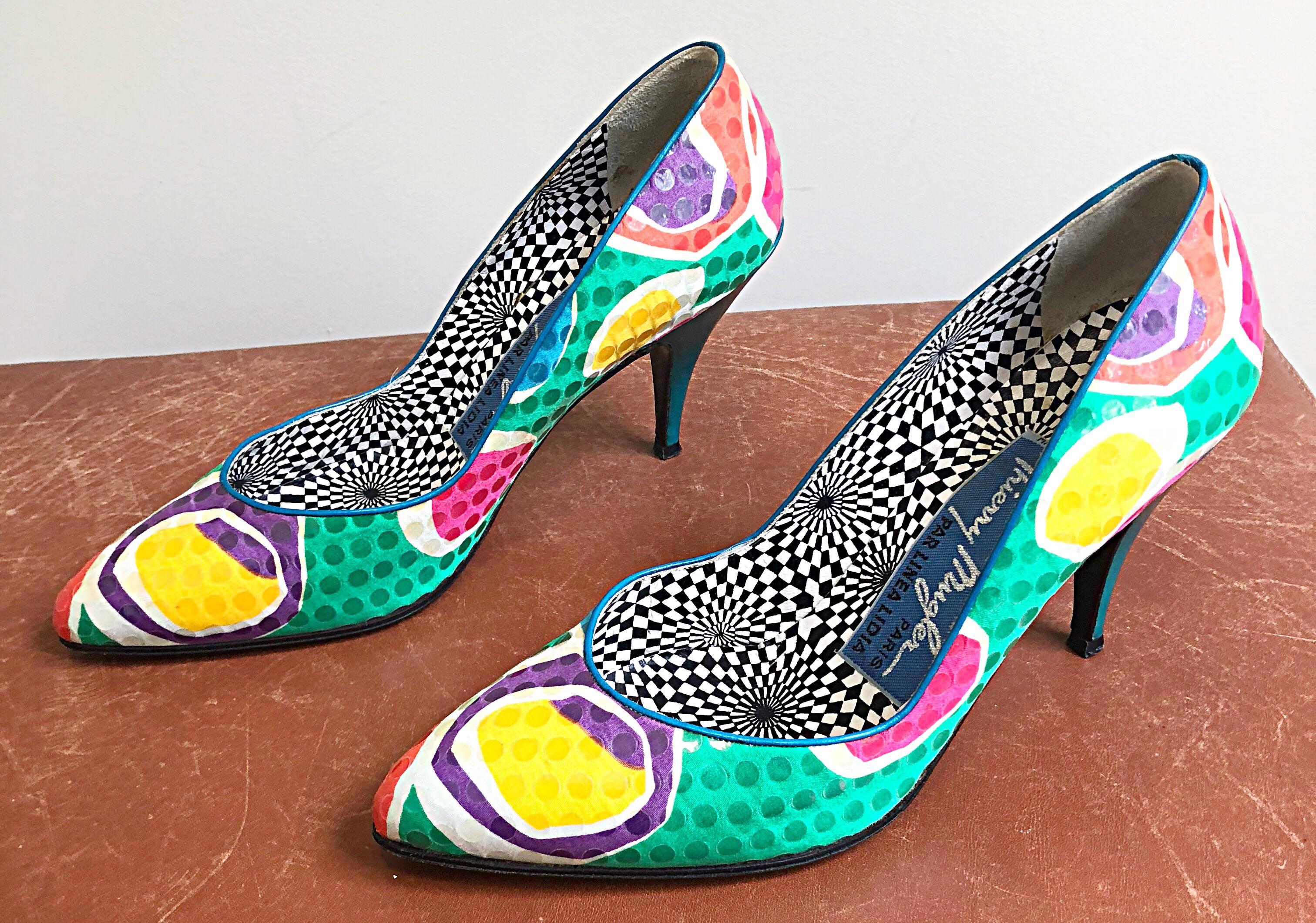 Black Vintage Thierry Mugler Size 7.5 Abstract Colorful Sequin High Heel Shoes Pumps For Sale