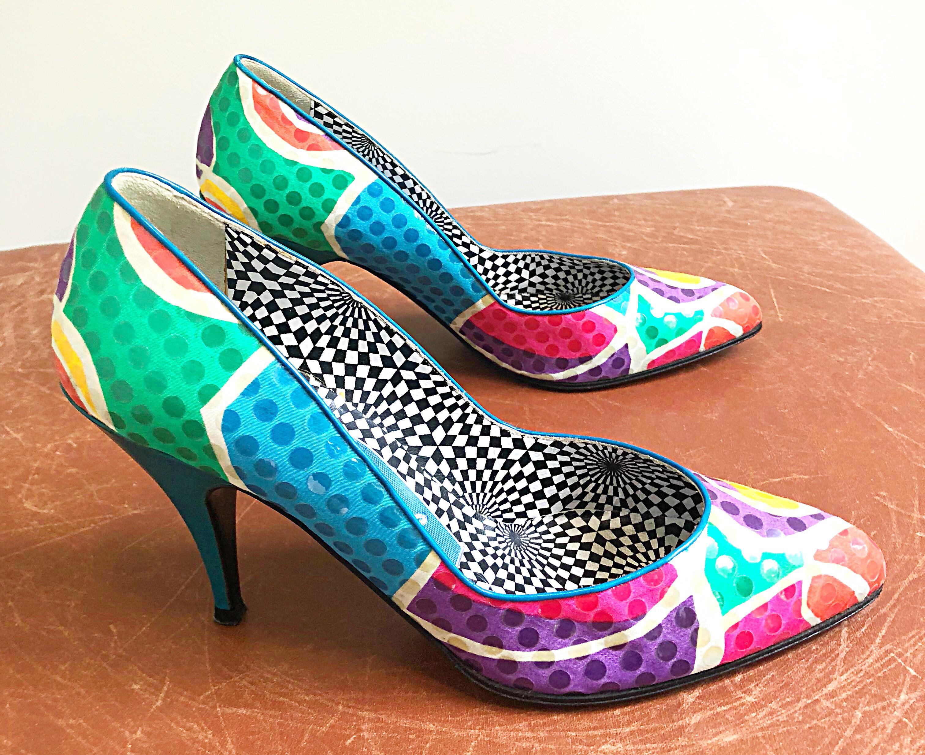 Vintage Thierry Mugler Size 7.5 Abstract Colorful Sequin High Heel Shoes Pumps For Sale 1