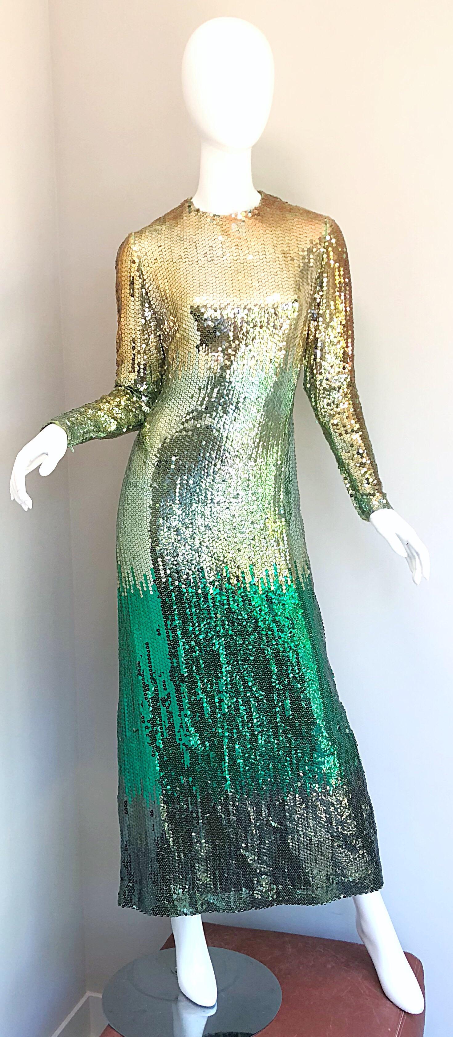 Beige Amazing 1960s Bill Blass Gold + Green Ombre Sequined Vintage 60s Gown Dress