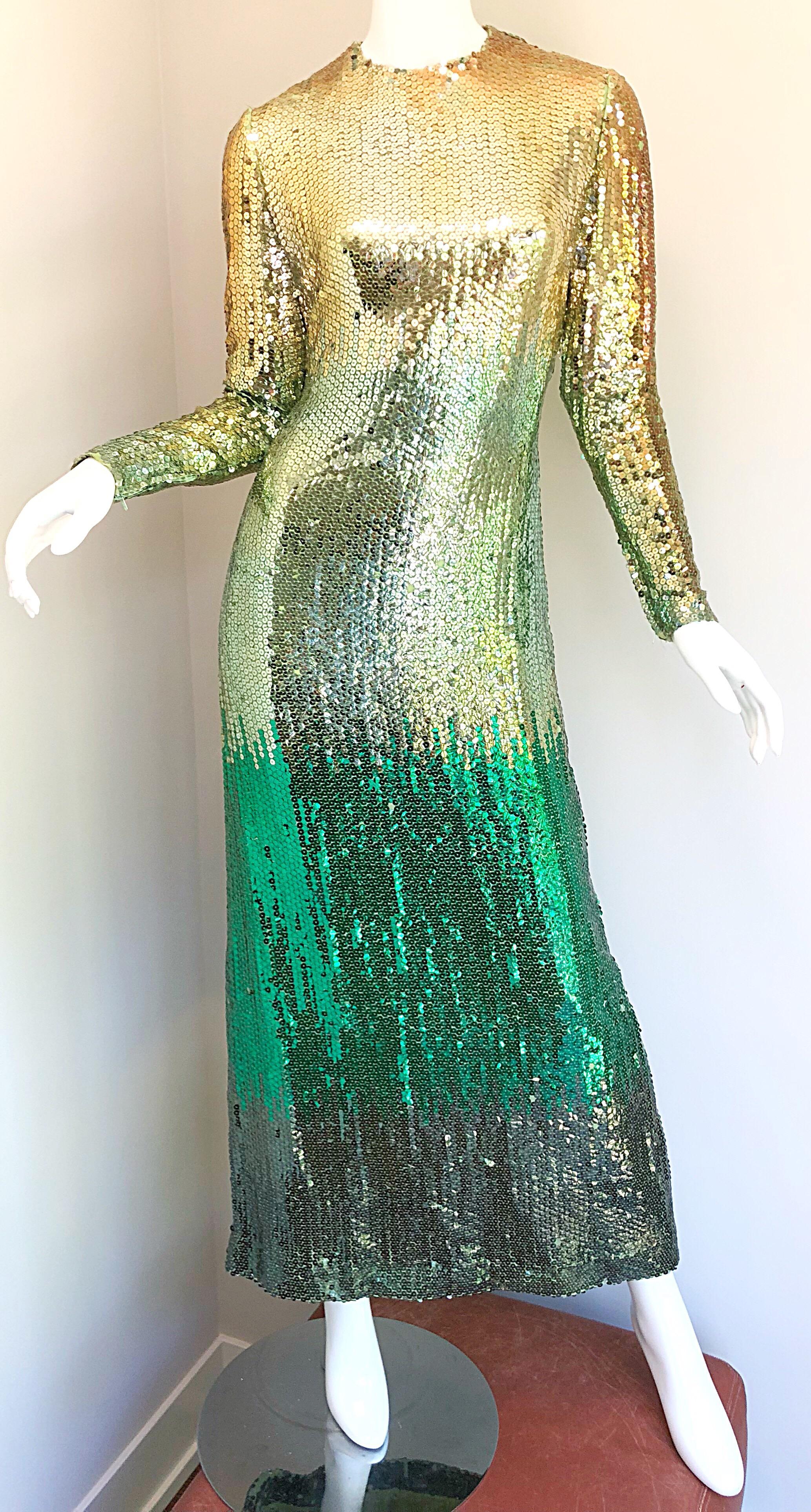Amazing 1960s Bill Blass Gold + Green Ombre Sequined Vintage 60s Gown Dress In Excellent Condition In San Diego, CA